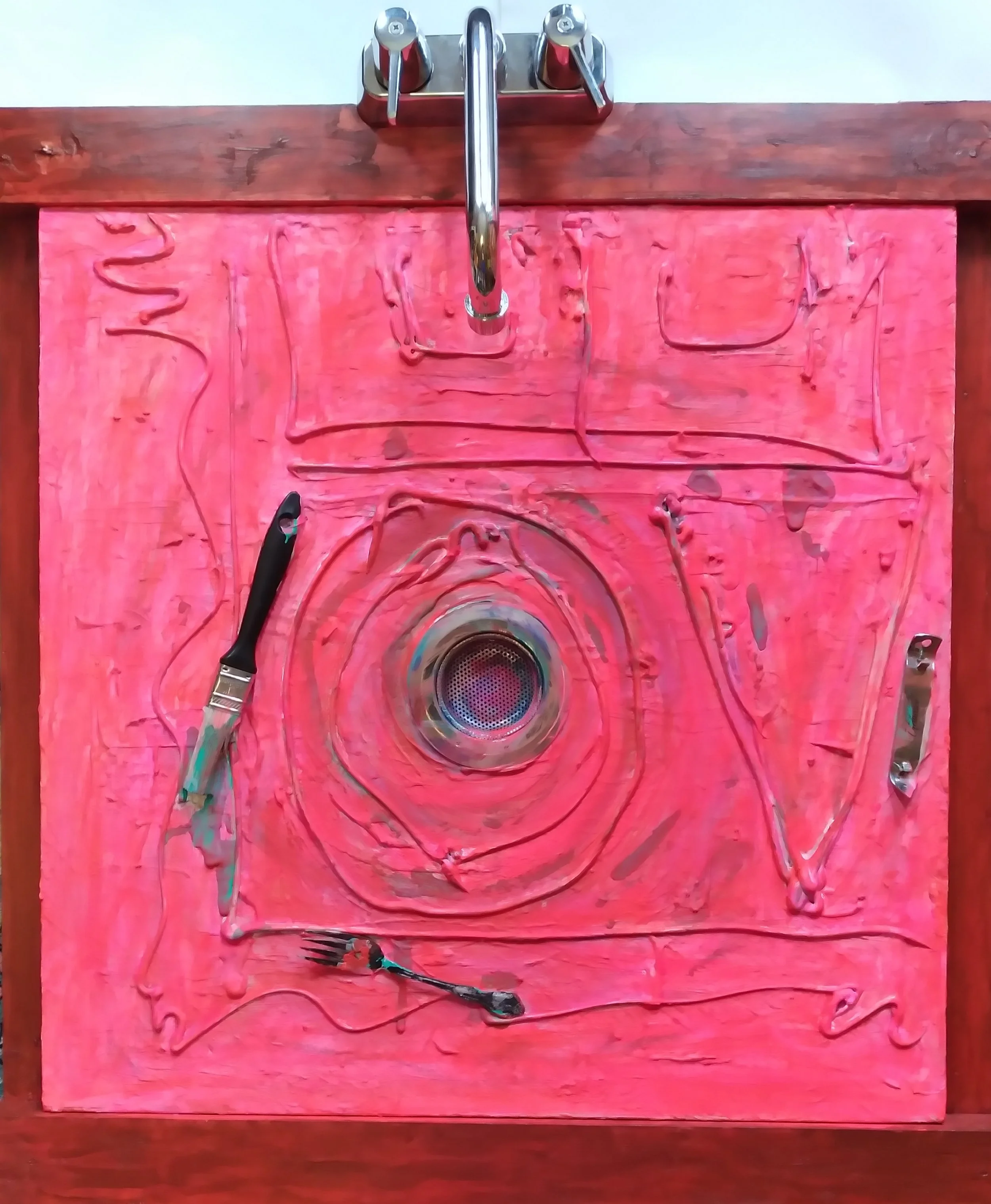 Love Sink, 2009. Oil, acrylic, wood, mixed media on canvas. 36” x 36”.