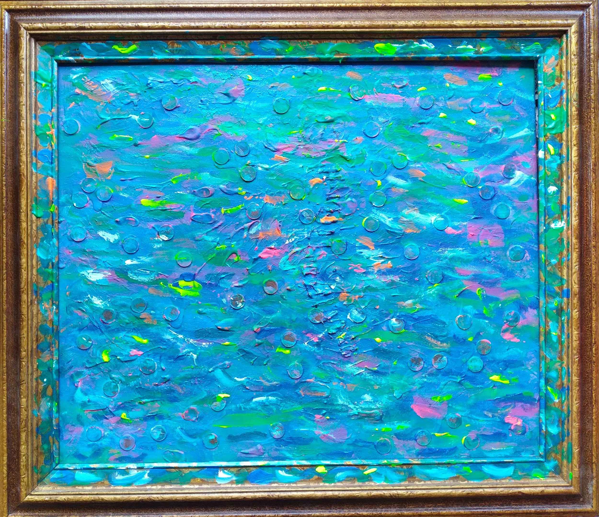 Wishing Well, 2025. Oil, acrylic, pennies on canvas. 18” x 24”.