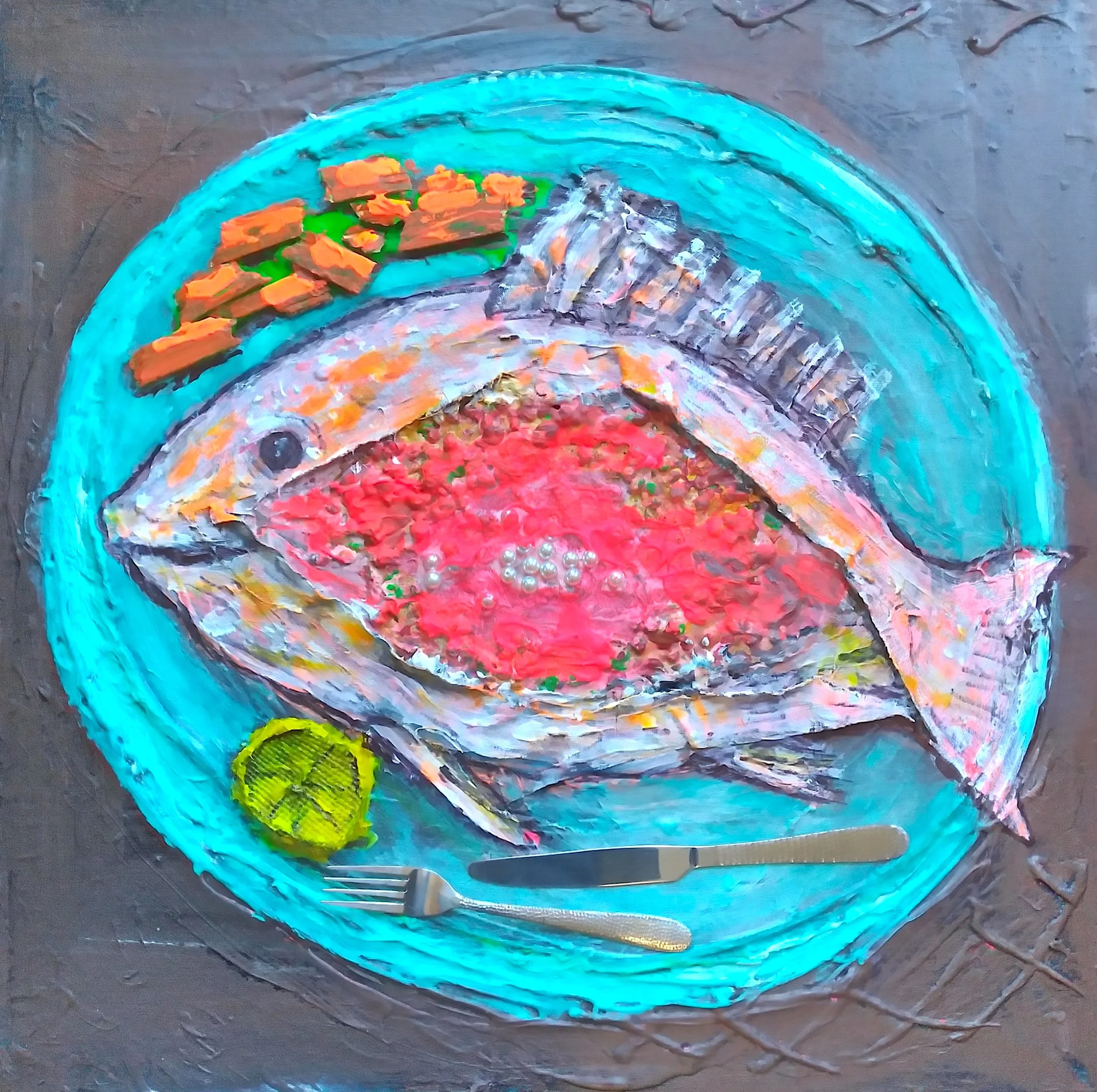 Red Snapper, 2018. Oil, acrylic, mixed media on canvas. 24" x 24".