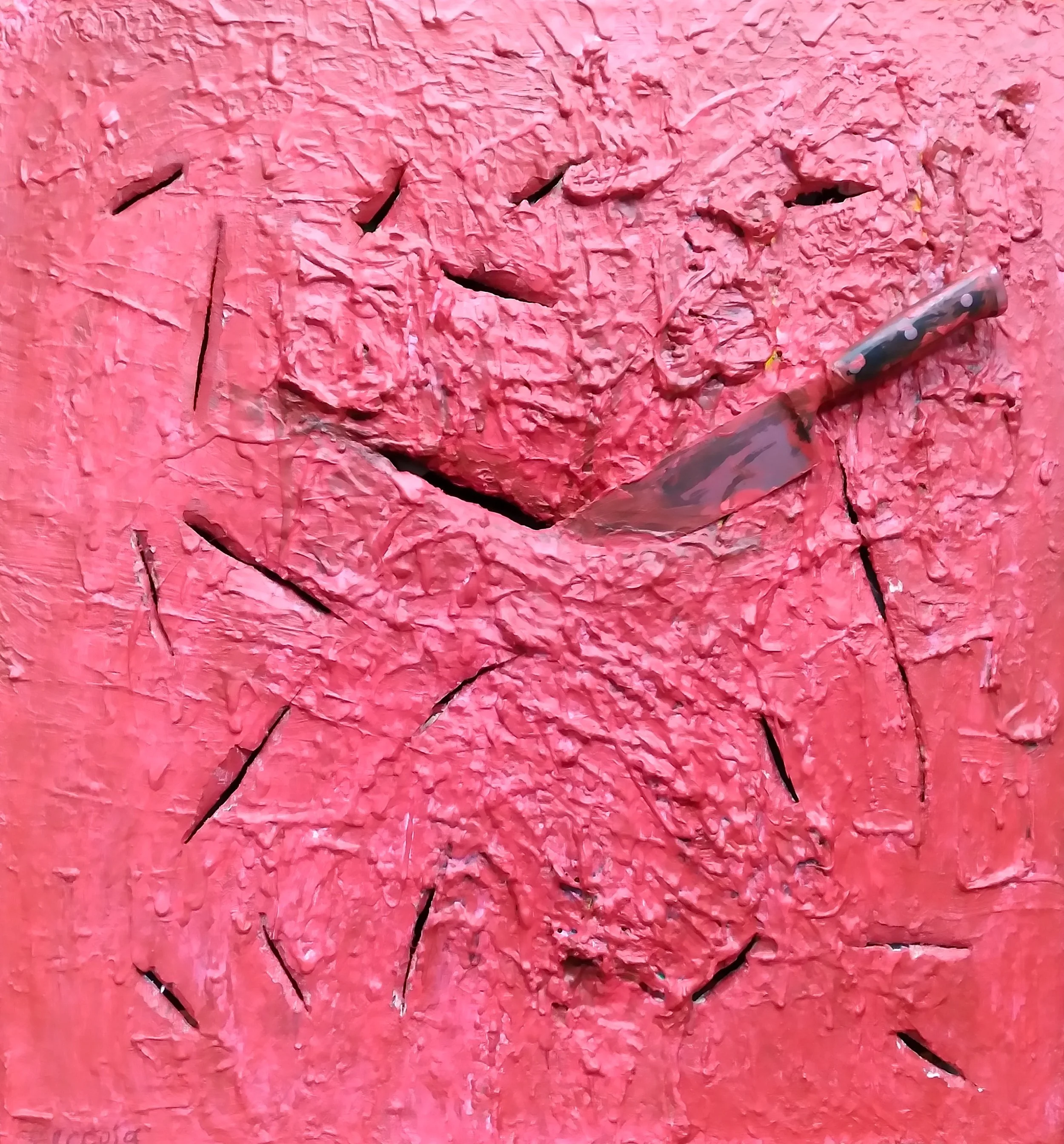 First Love, 2015. Oil, acrylic, knife on canvas. 38” x 36”.