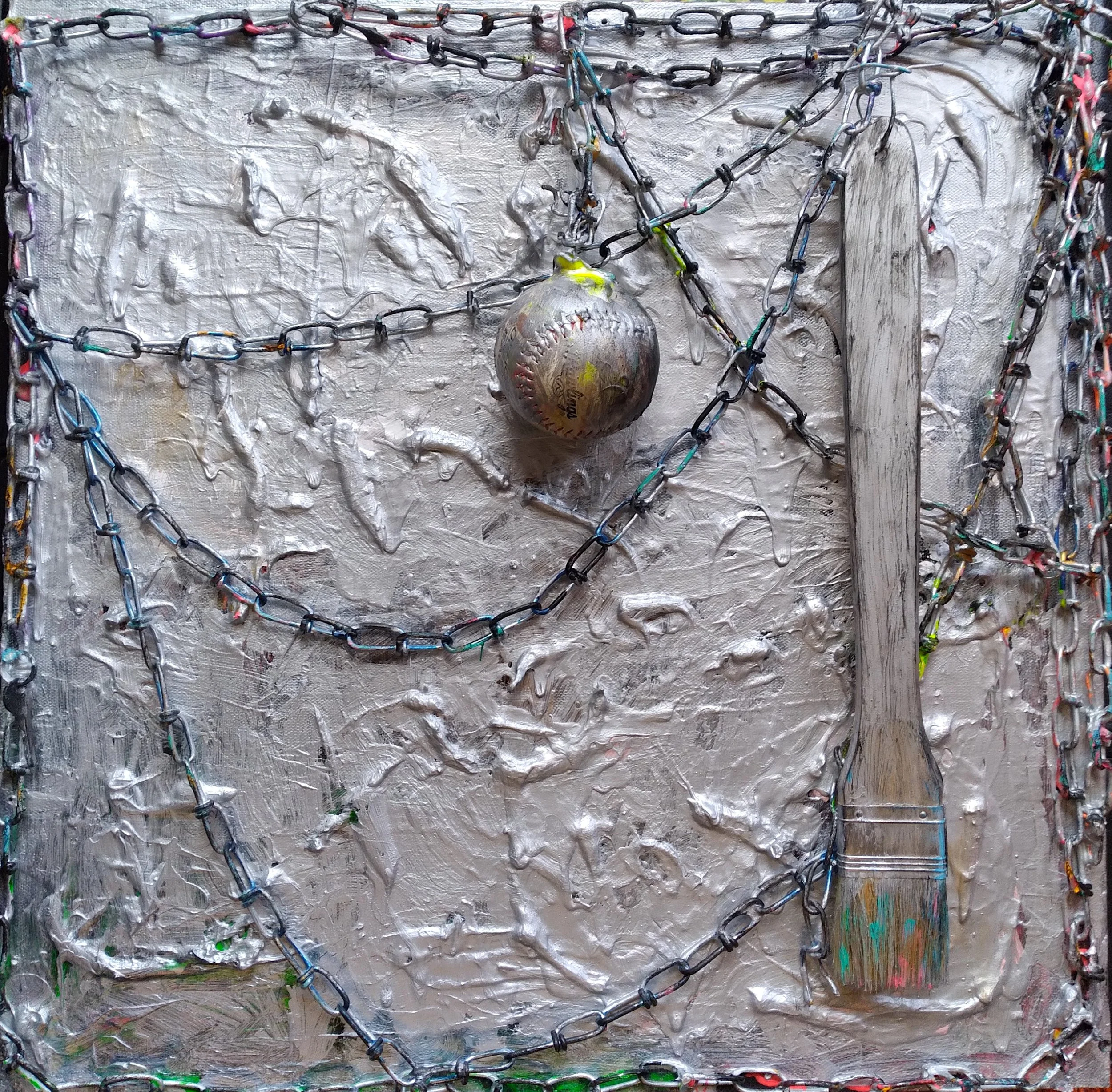 Ball and Chain, 2019. Oil, acrylic, baseball, brush, chain on canvas. 20” x 20”.