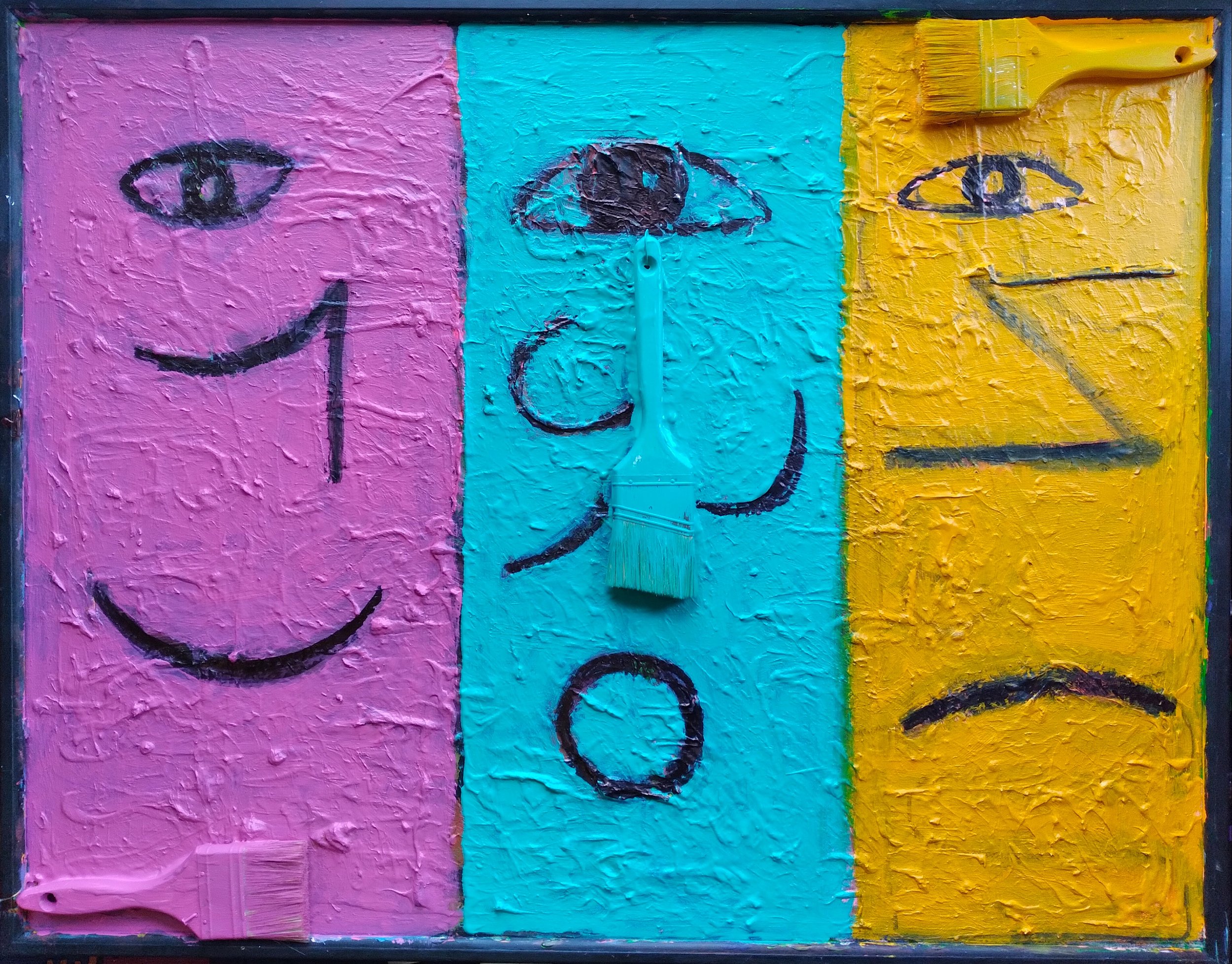 The Three Stooges, 2025. Oil, acrylic, brushes on canvas. 28” x 38”.