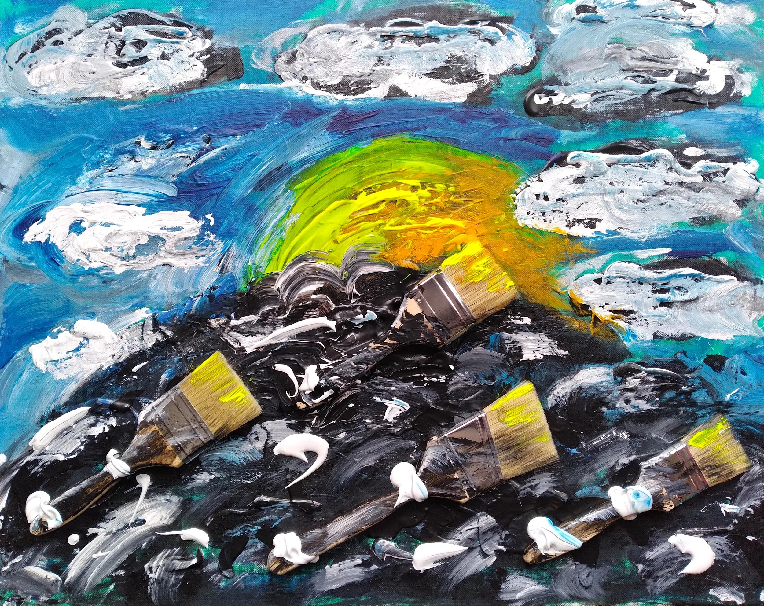 Black Cloud, 2025. Oil, acrylic, brushes on canvas. 22” x 28”.