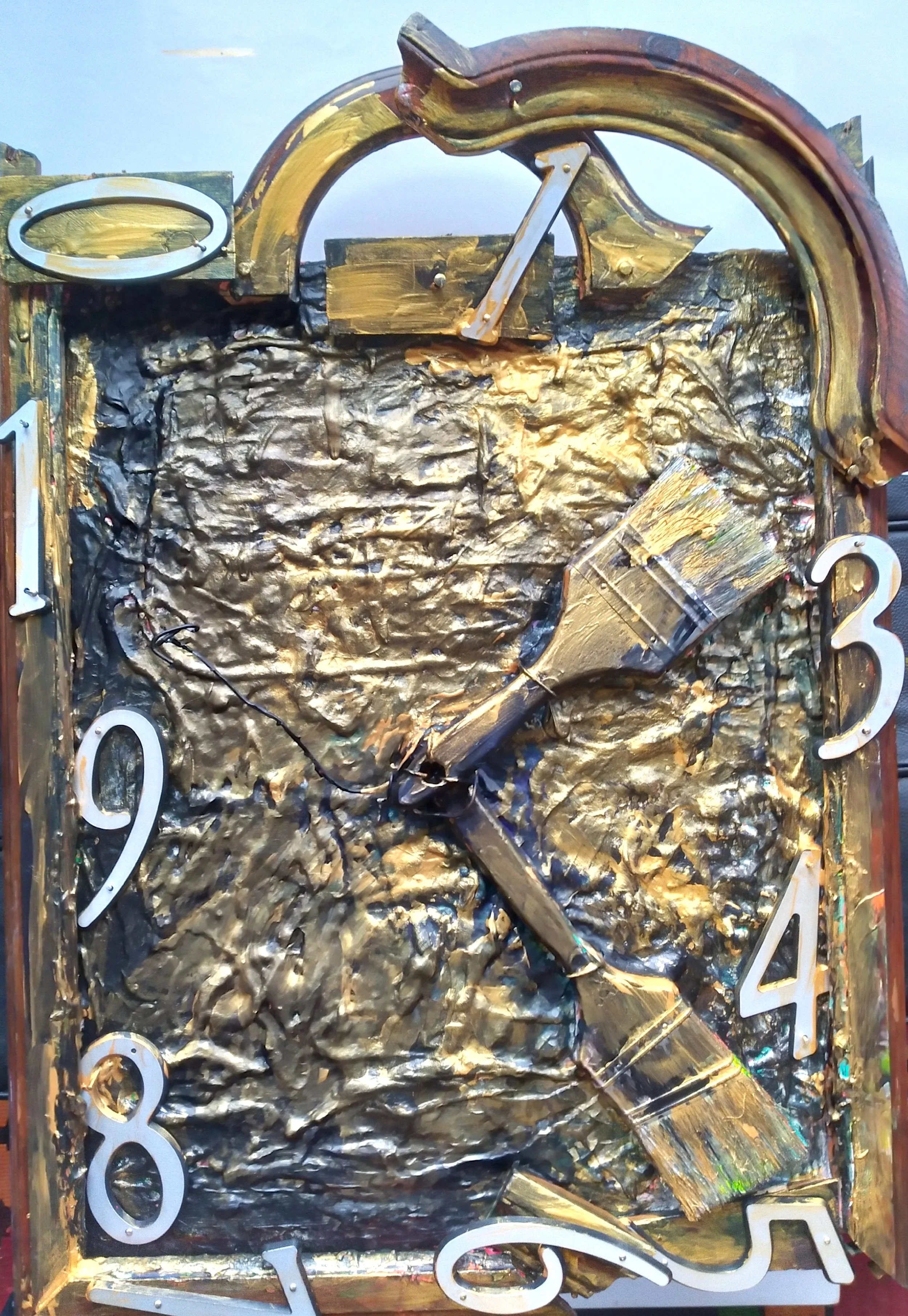 The Golden Hour, 2026. Oil, acrylic, brushes, metal numbers on canvas and frame. 20” x 16”.