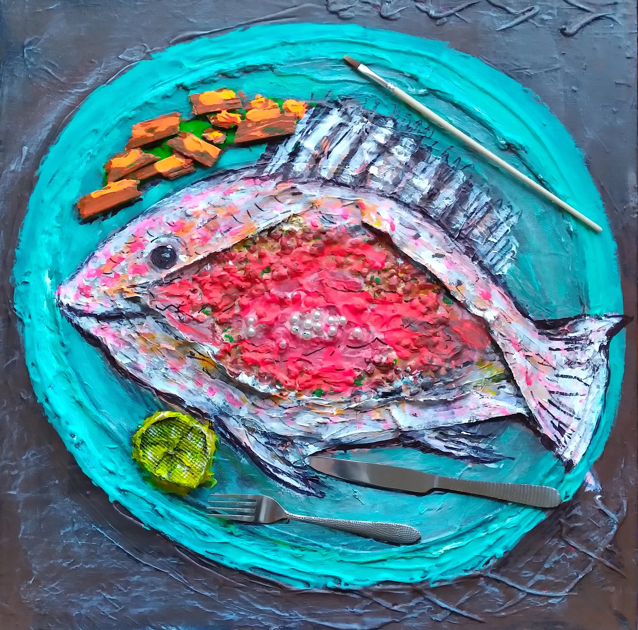 Red Snapper, 2018. Oil, acrylic, mixed media on canvas. 24" x 24".