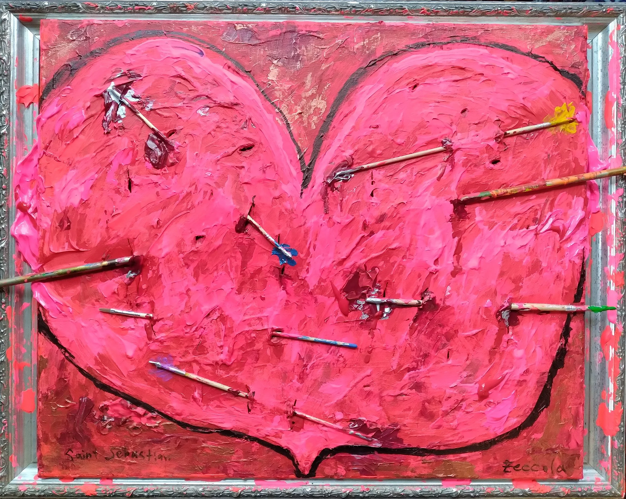 Saint Sebastian, 2009. Oil, acrylic, arrow, brushes on canvas and frame. 18” x 24”.