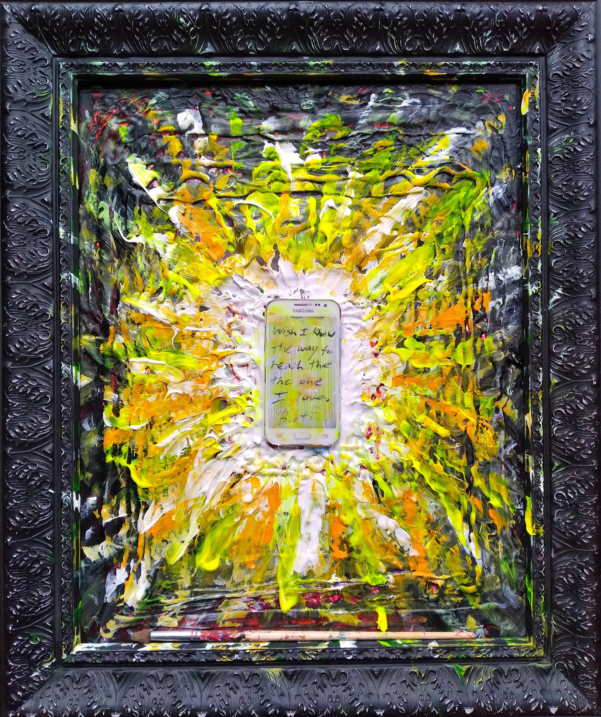 White Light, 2026. Oil, acrylic, brush, phone on canvas and frame. 20” x 16”.