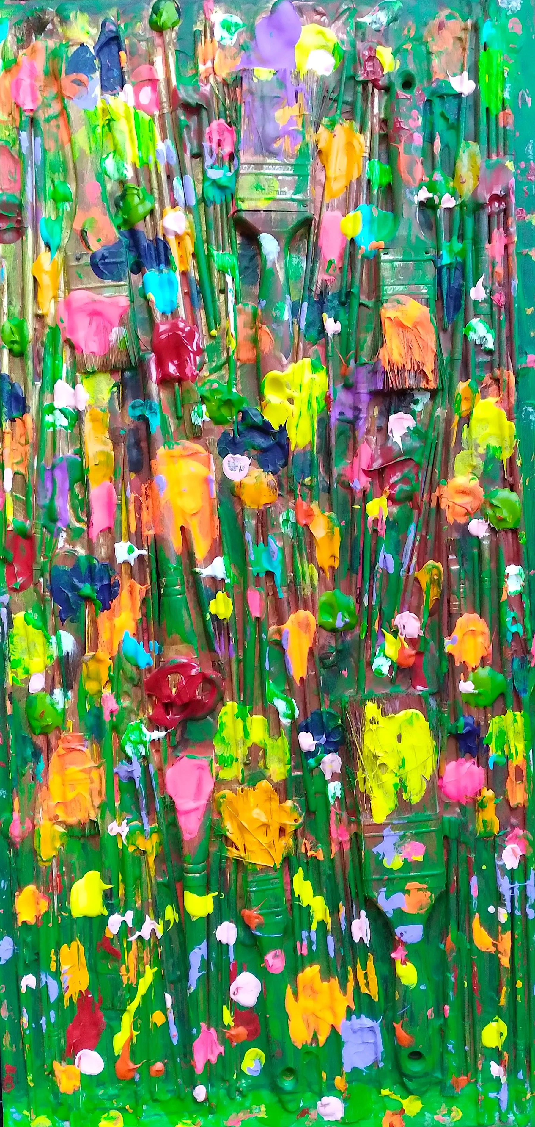 Flower Garden, 2009. Oil, acrylic, brushes on canvas. 26” x 14”.