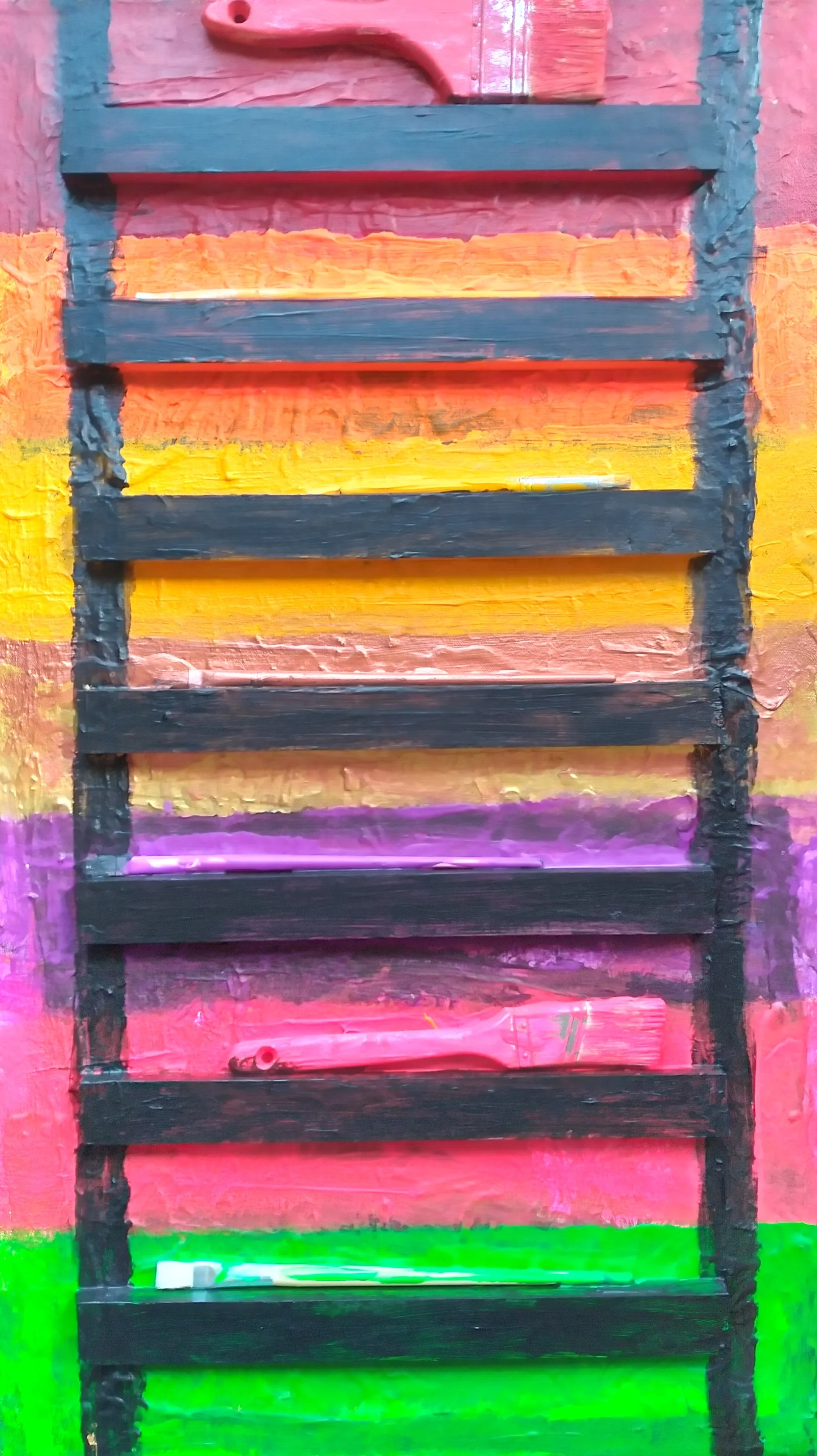 Over the Rainbow, 2018. Oil, acrylic, wood, brushes on canvas. 36” x 20”.