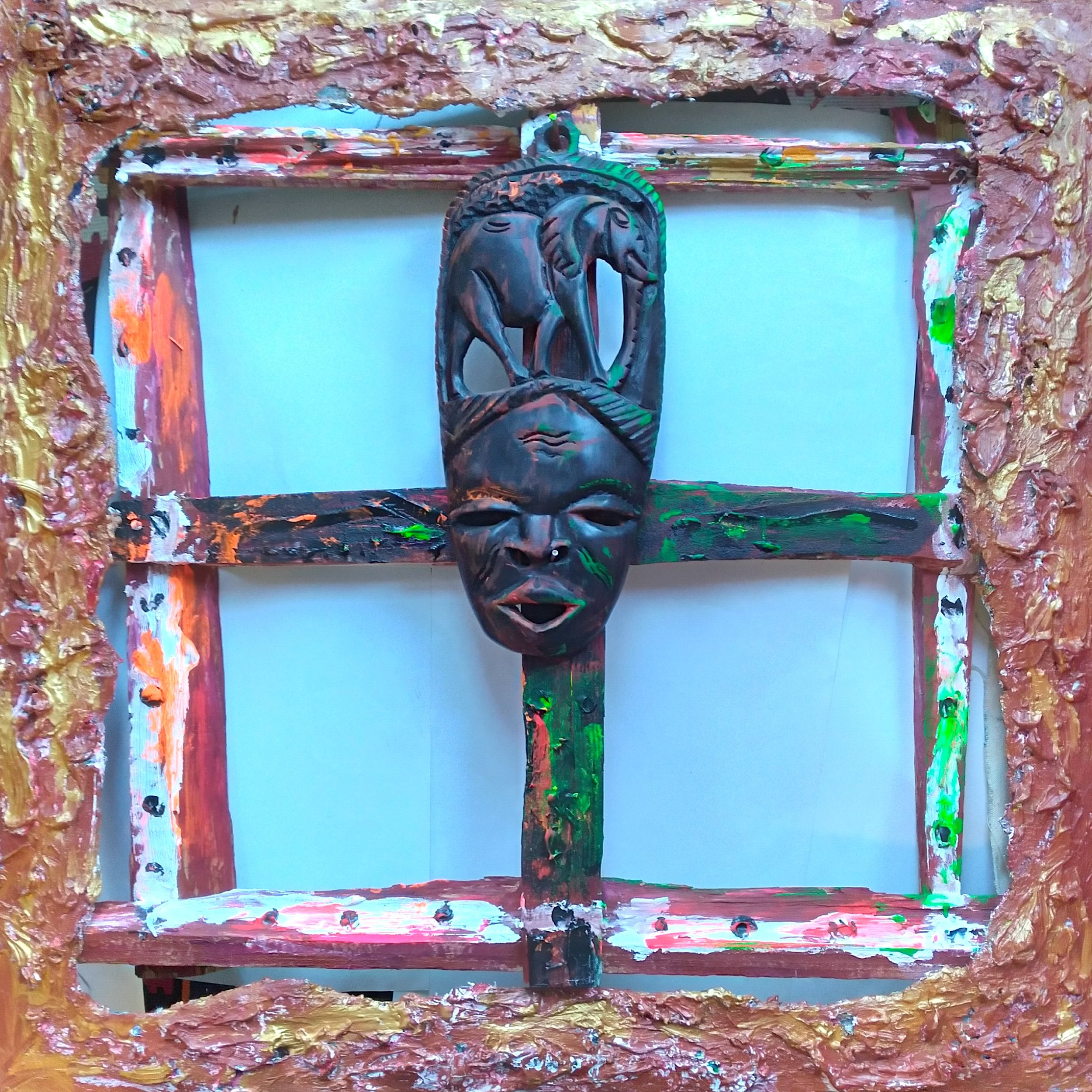 The Crossroads, 2009. Oil, acrylic, wood, mixed media on canvas. 28” x 28”.