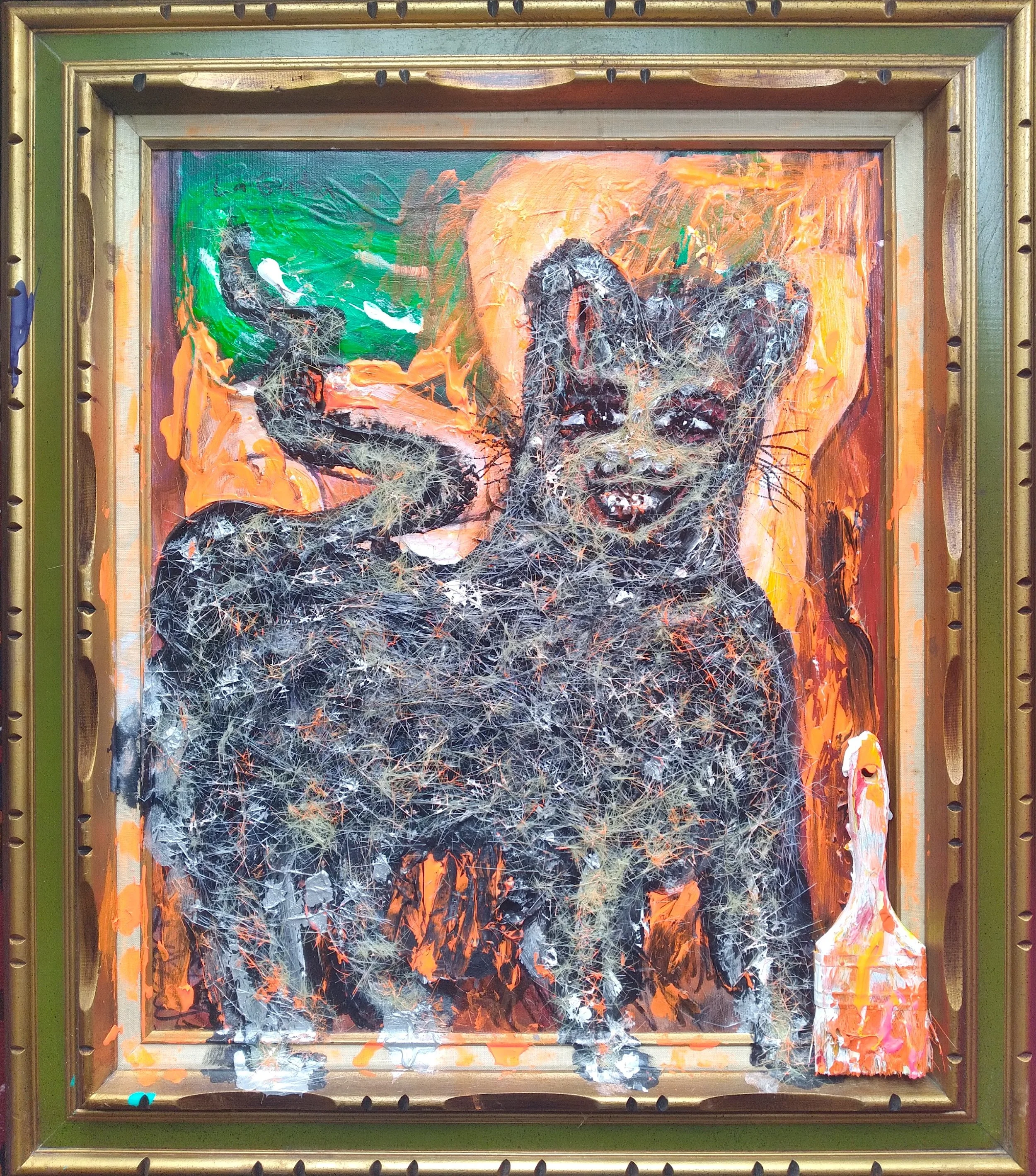Catwoman, 2021. Oil, acrylic, brush bristles on canvas and frame. 24” x 20”.