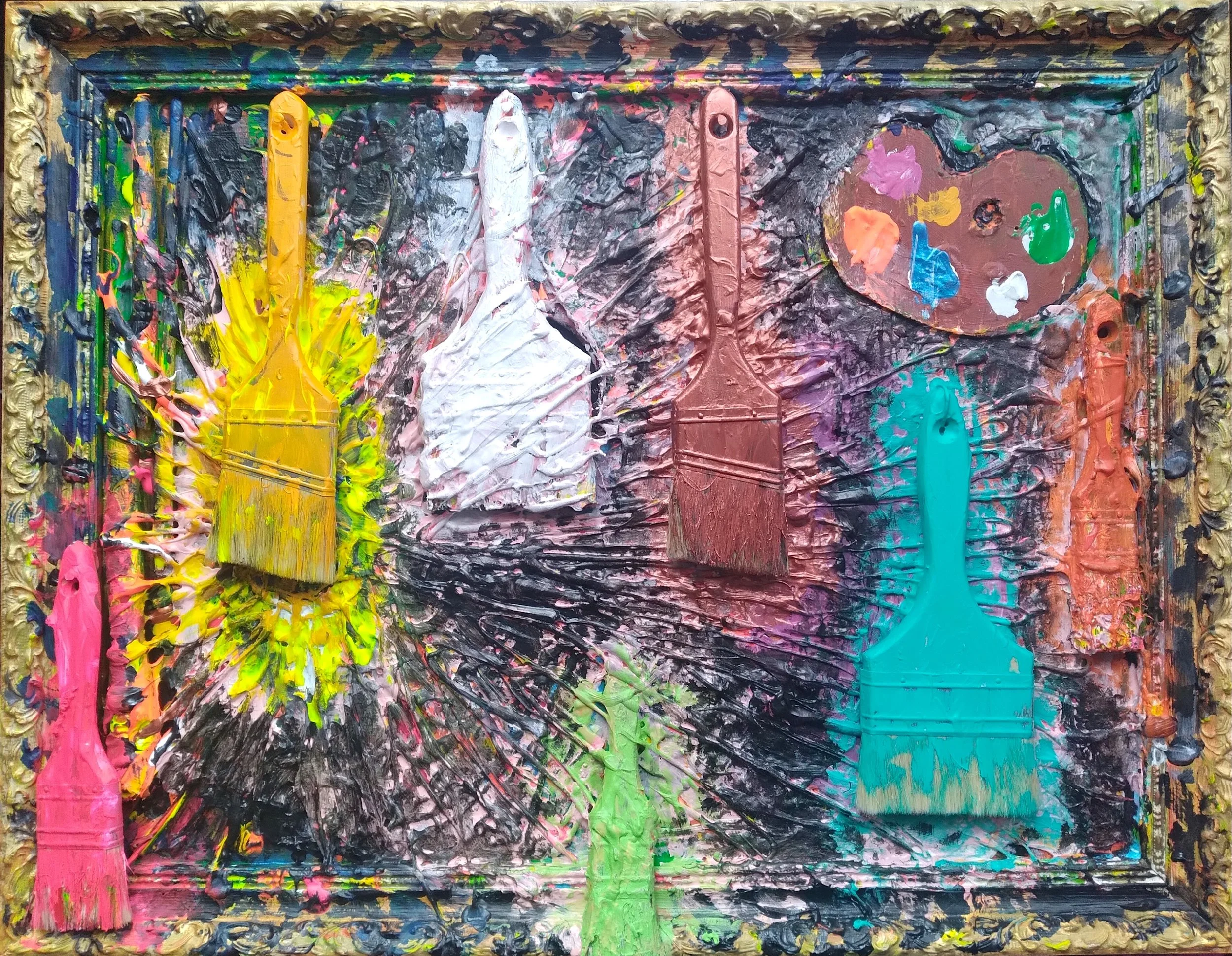 The Night Watch, 2012. Oil, acrylic, brushes on canvas and frame. 18” x 24”.