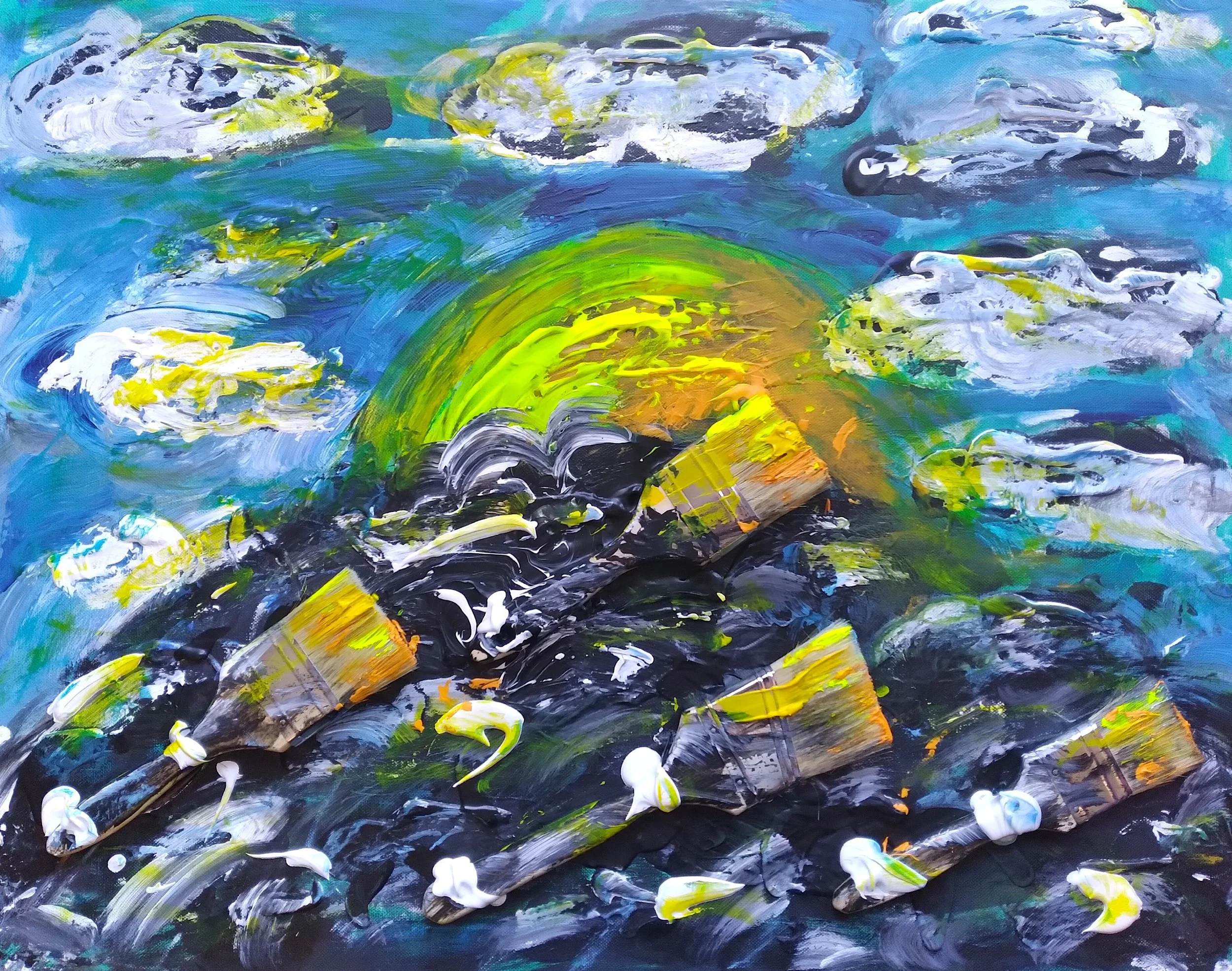 Black Cloud, 2025. Oil, acrylic, brushes on canvas. 22” x 28”.