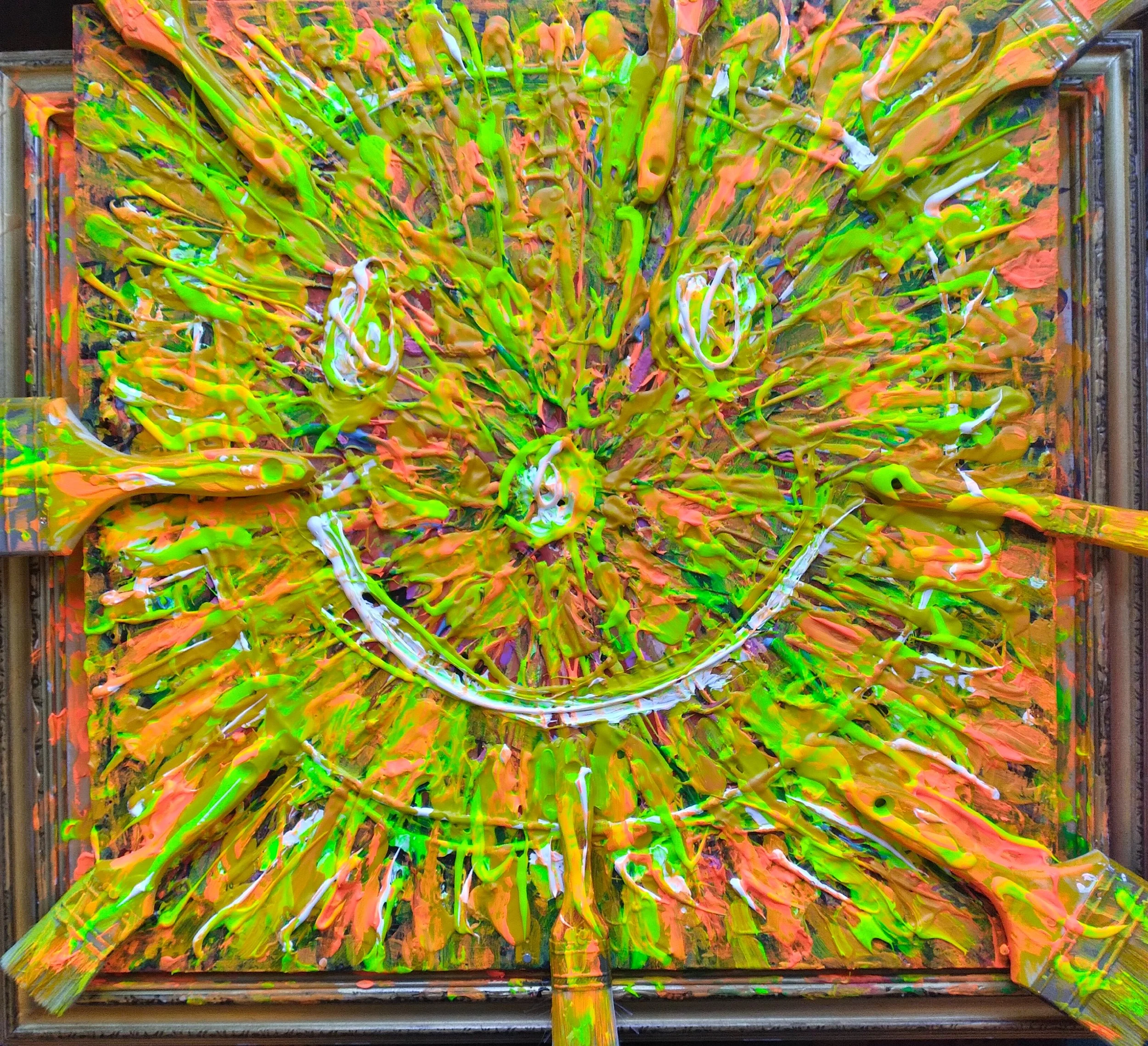 Sunny Day, 2025. Oil, acrylic, brushes on canvas and frame. 24” x 24”.