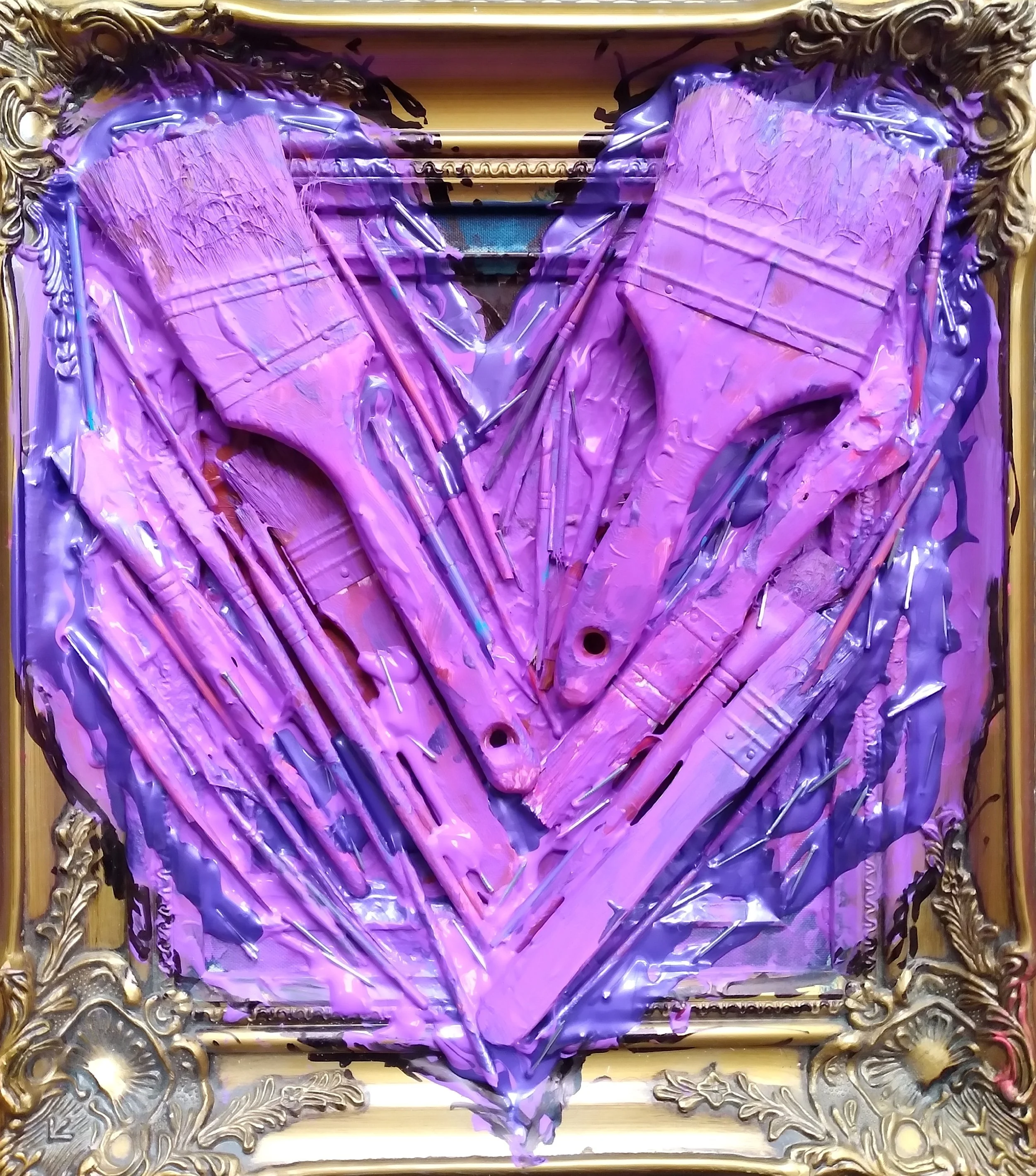 Purple Heart, 2019. Oil, acrylic, brushes, nails on canvas. 18” x 16”.