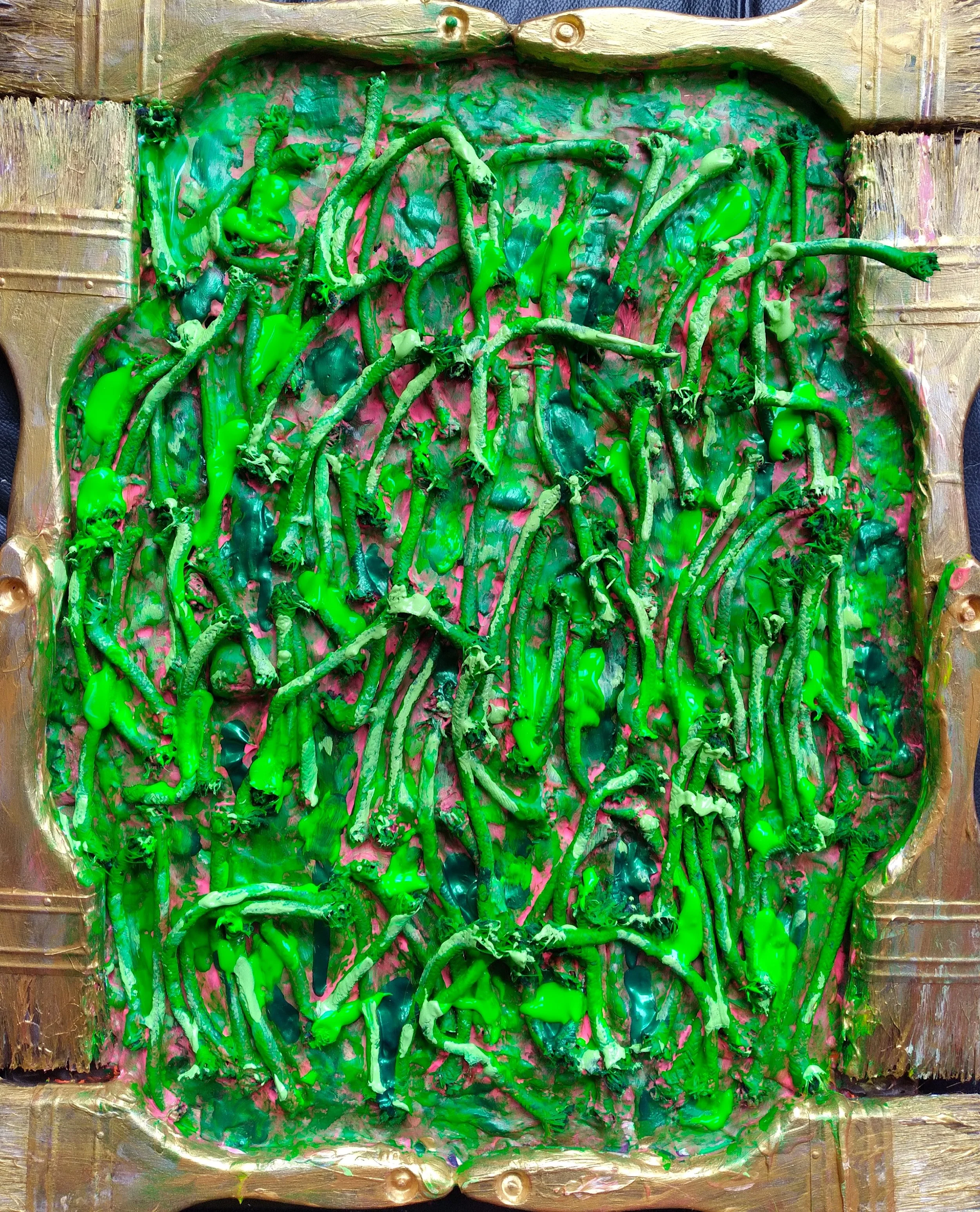 Green Grass, 2013. Oil, acrylic on canvas and brush frame. 20” x 16”.