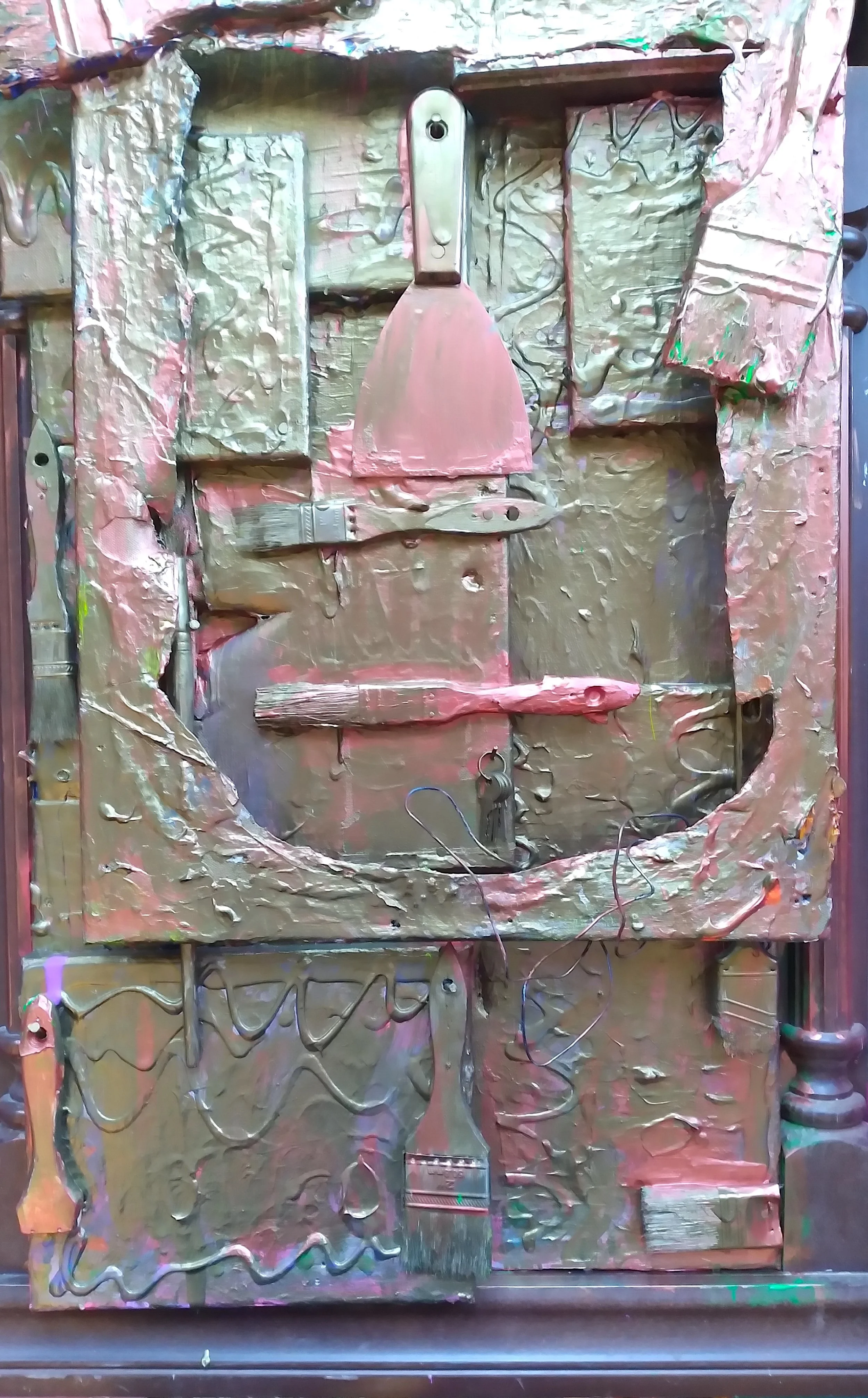 The Bronze Age, 2025. Oil, acrylic, brushes, keys on canvas and wood frame. 32” x 20”.