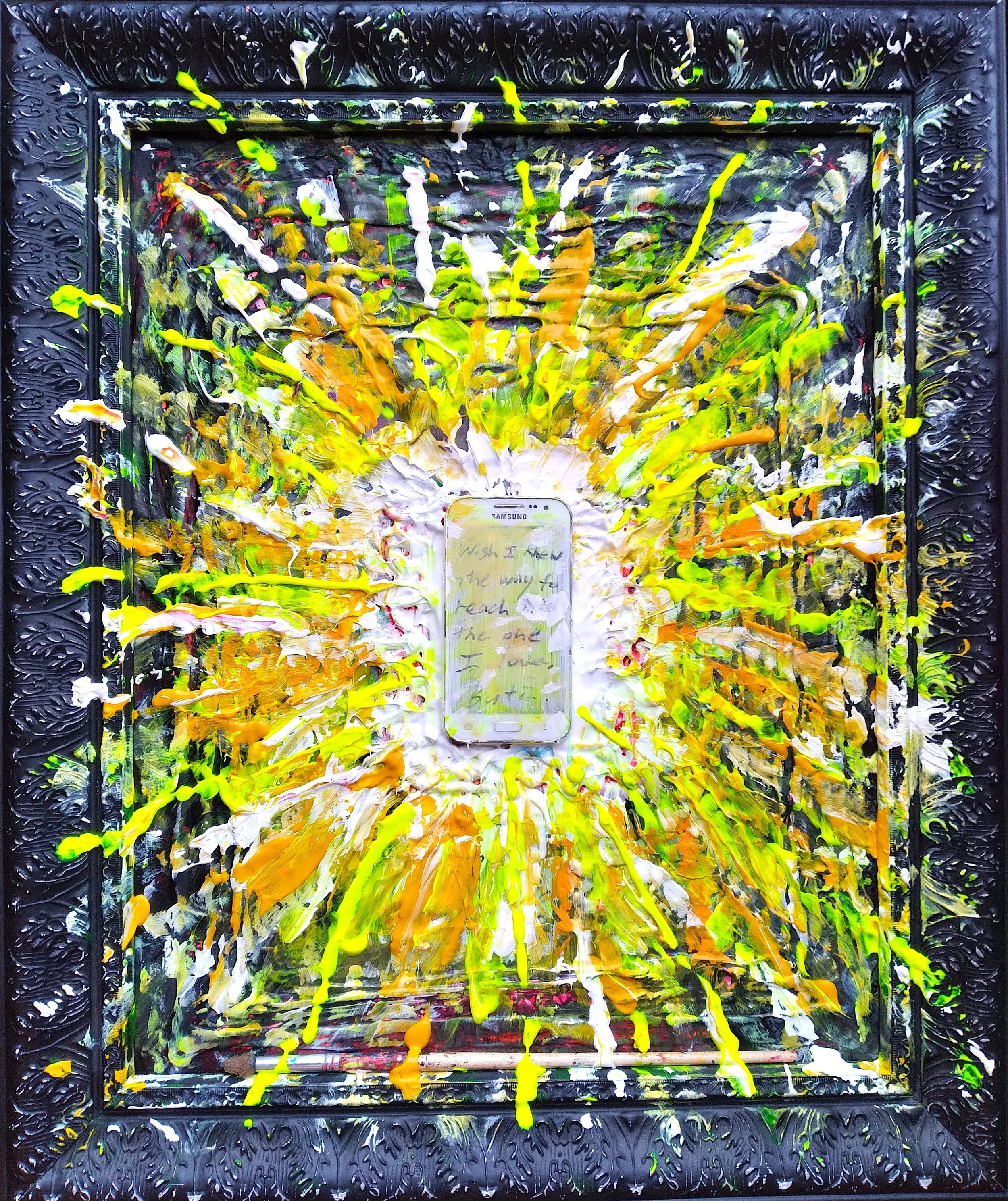 White Light, 2026. Oil, acrylic, brush, phone on canvas and frame. 20” x 16”.