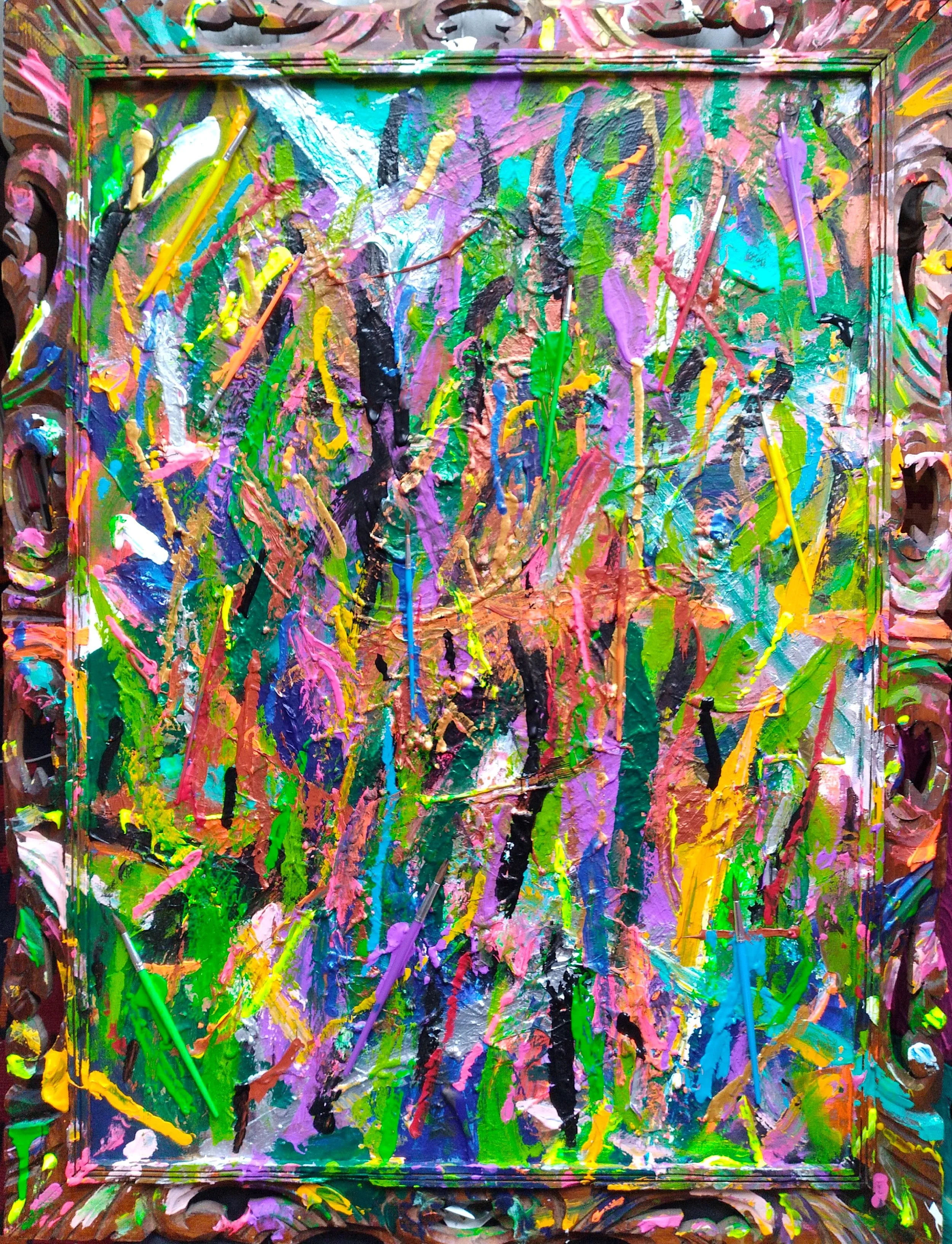 The Jungle, 2024. Oil, acrylic, brushes on canvas and frame. 34" x 24".