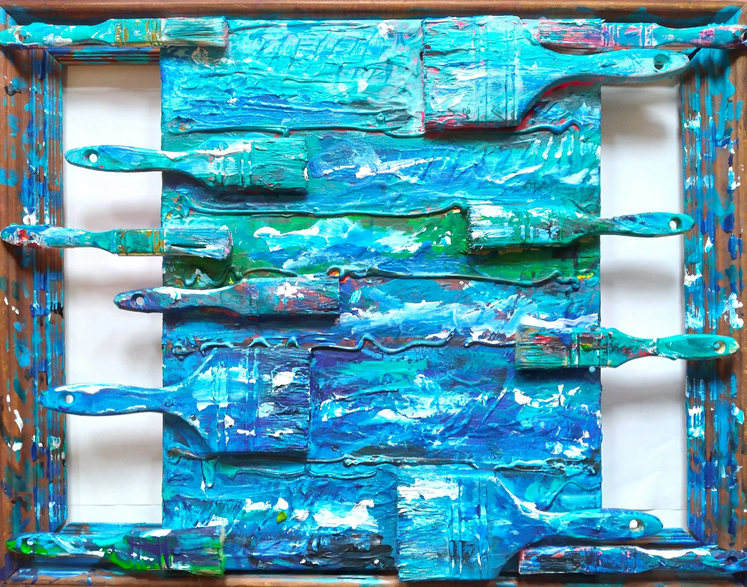 Waves, 2009. Oil, acrylic, brushes on canvas and frame. 20” x 16”.