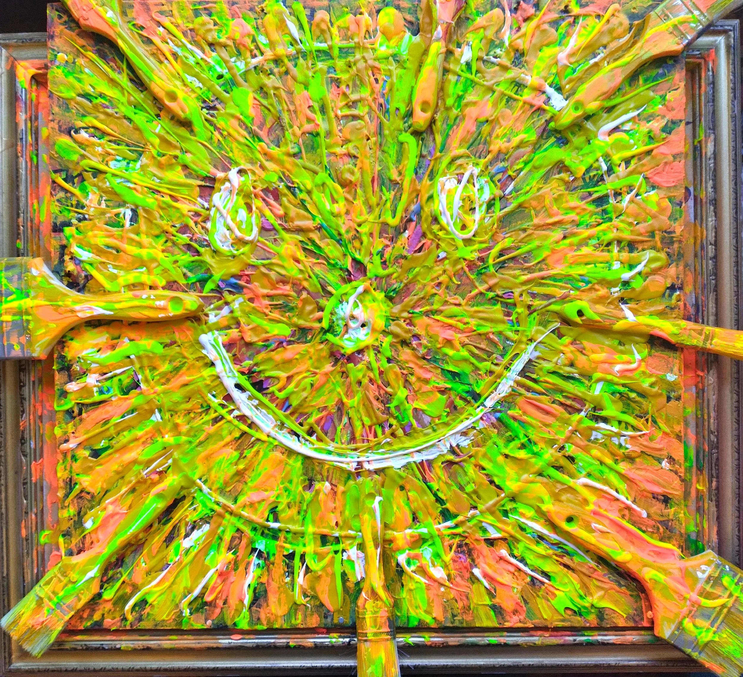 Sunny Day, 2025. Oil, acrylic, brushes on canvas and frame. 24” x 24”.