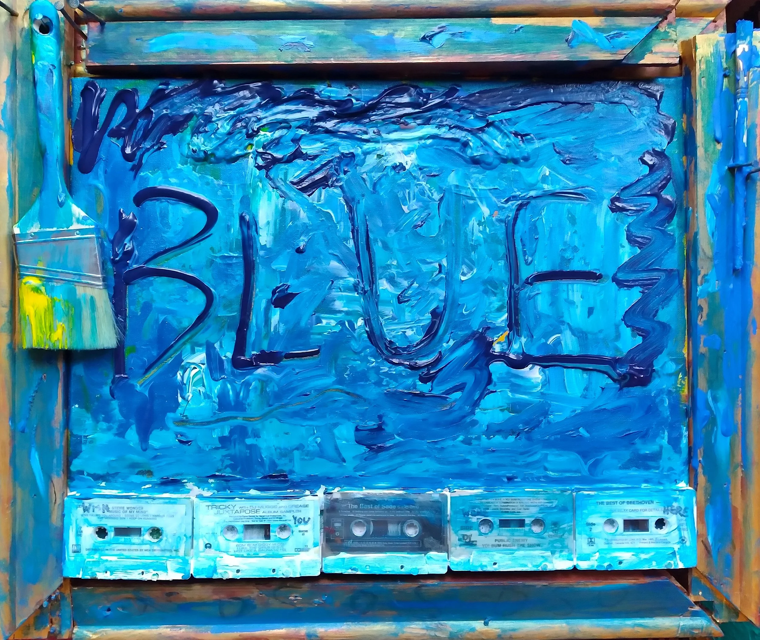 Blue For You, 2012. Oil, acrylic, cassettes, brushes, wood on canvas. 18” x 22”.