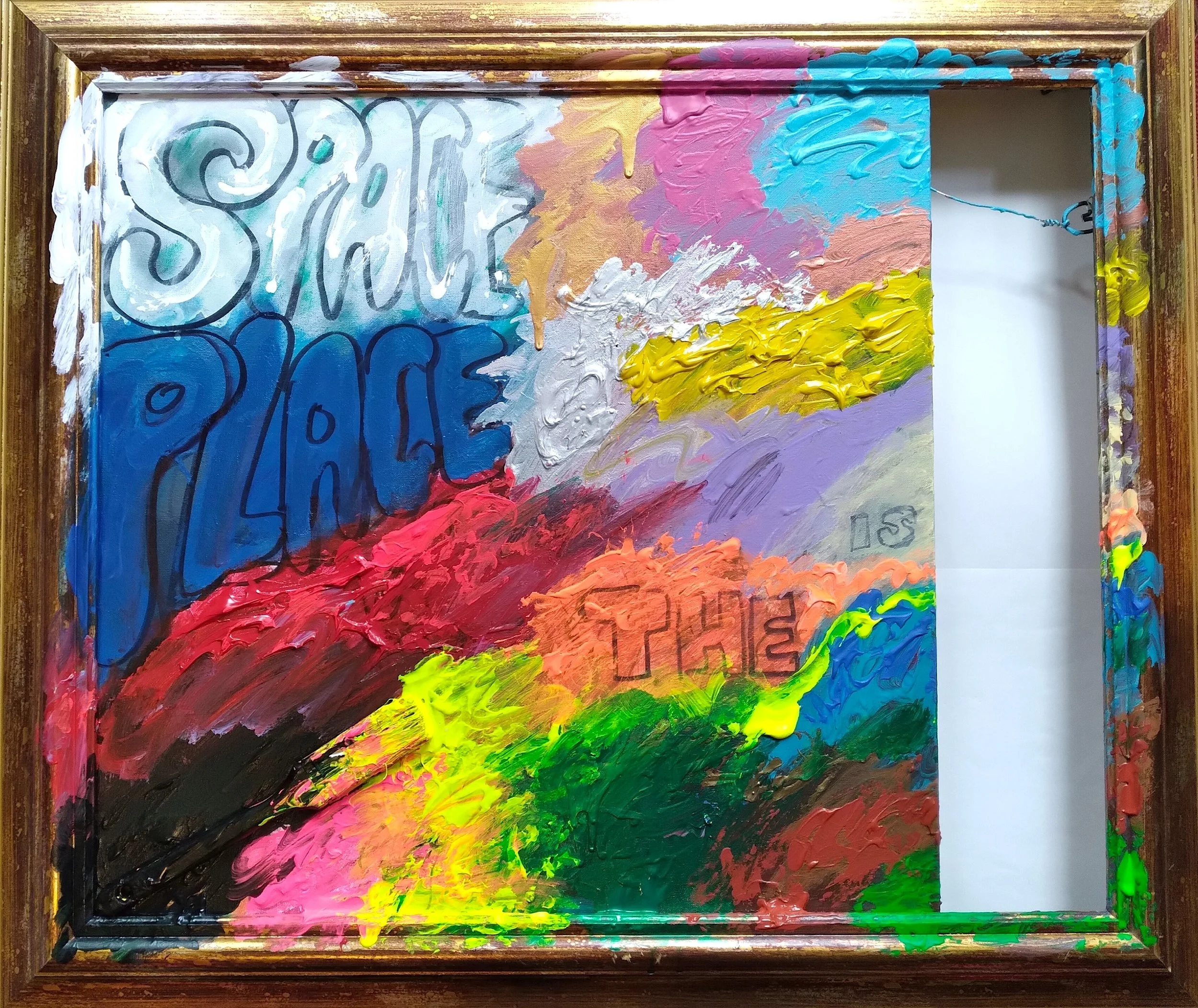Space Place, 2024. Oil, acrylic, spray paint on canvas and frame. 24” x 24”.