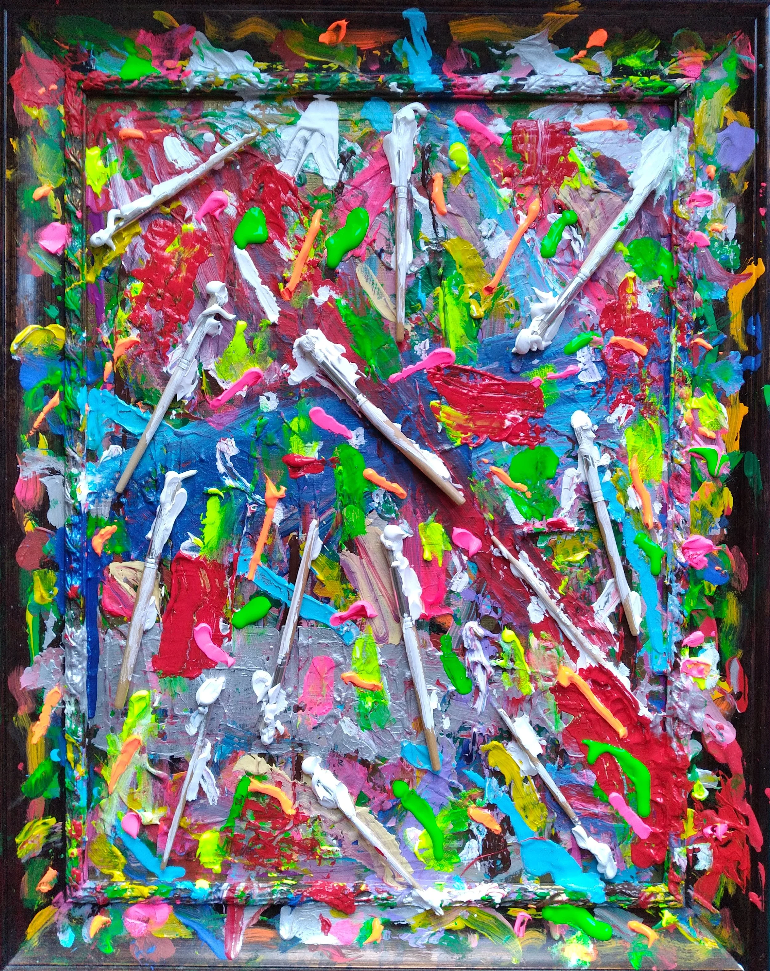 Little White Lies, 2021. Oil, acrylic, brushes on canvas and frame. 24” x 18”.