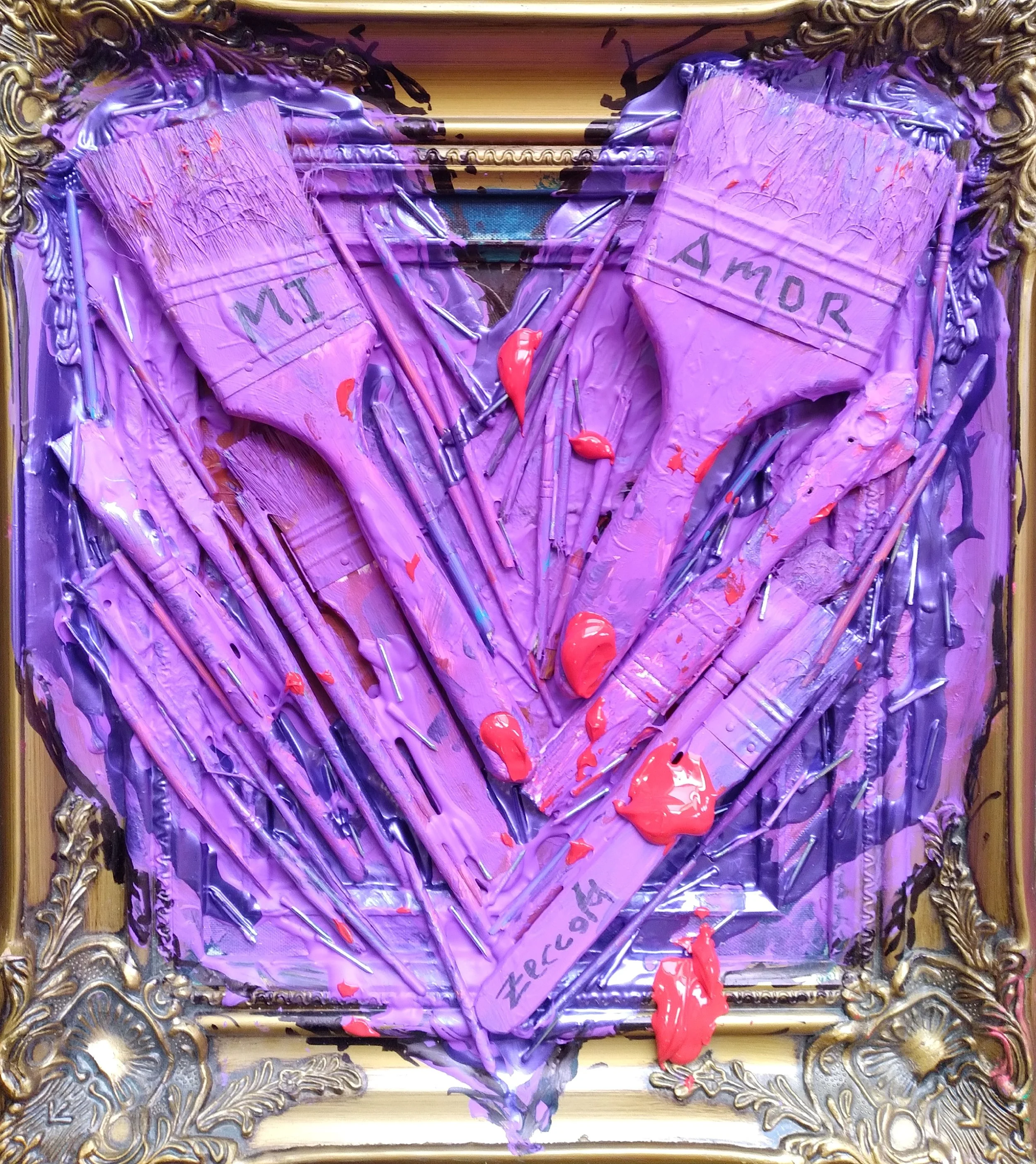 Purple Heart, 2019. Oil, acrylic, brushes, nails on canvas and frame. 18” x 16”.