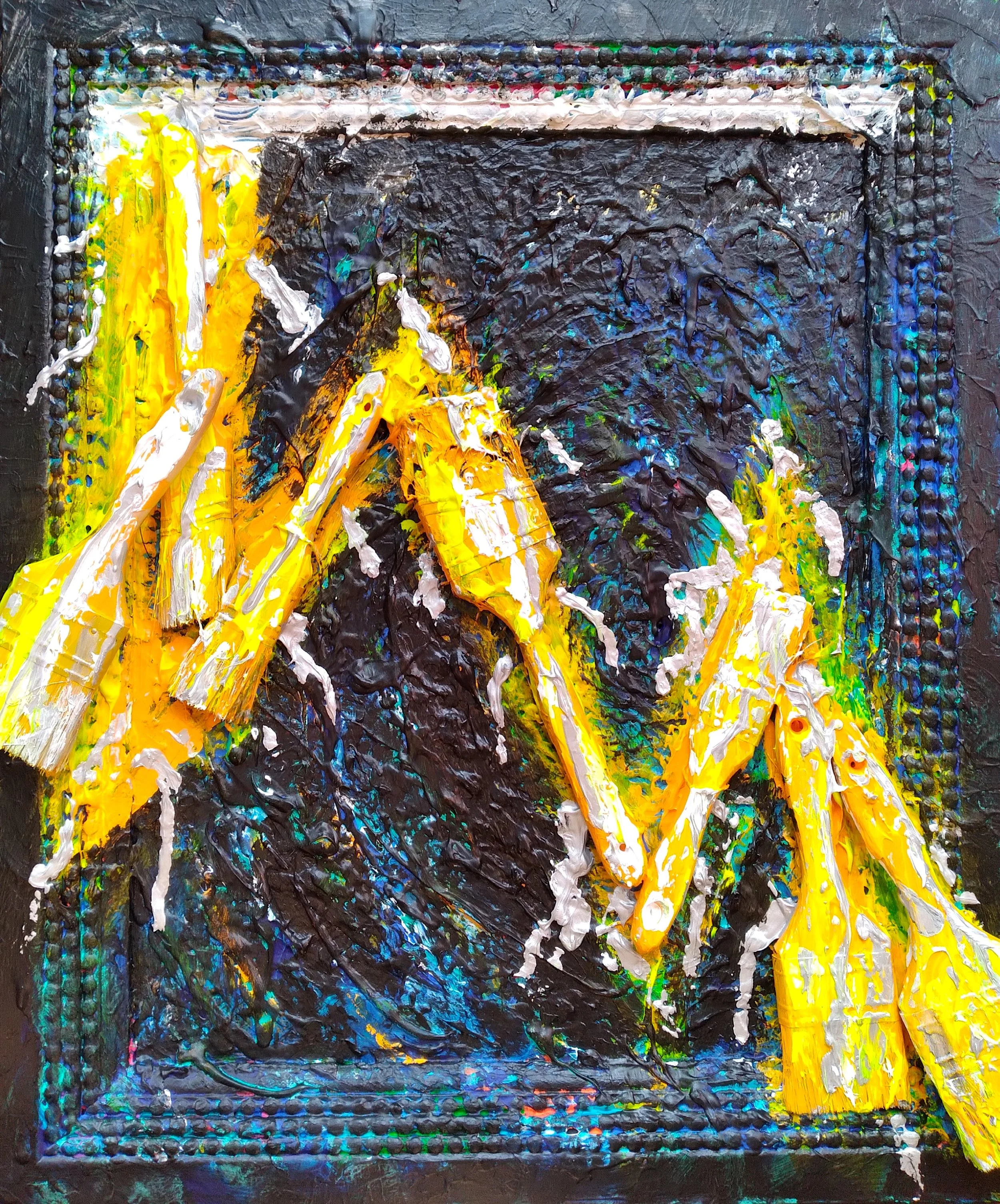 Lightning Bolt, 2014. Oil, acrylic, brushes on canvas and frame. 26” x 20”.