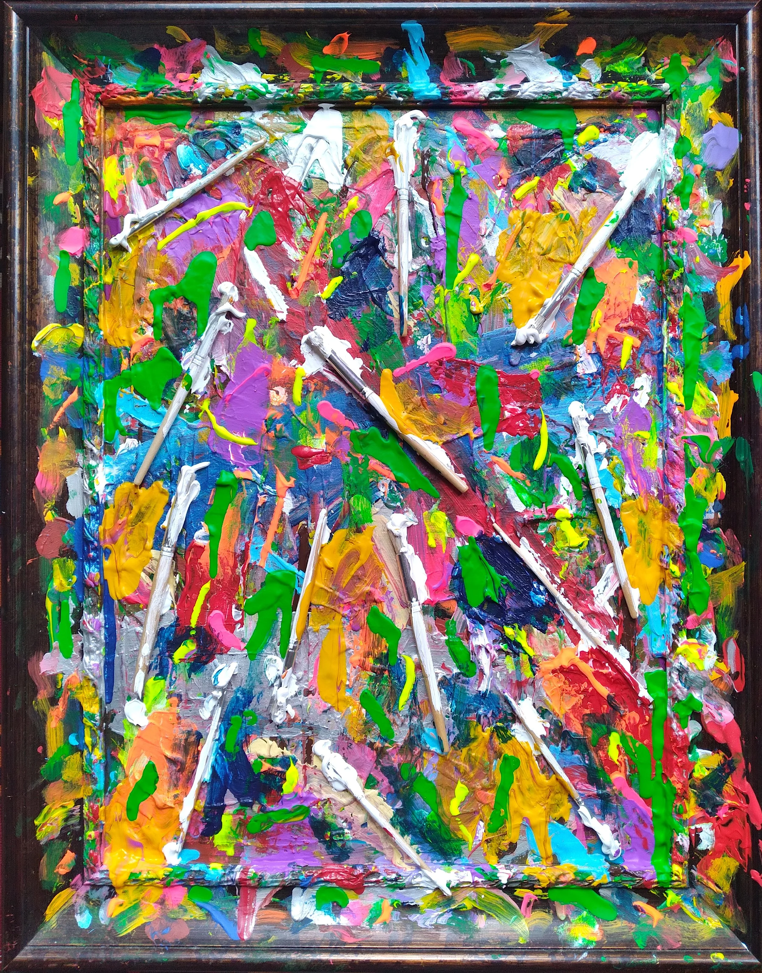 Little White Lies, 2021. Oil, acrylic, brushes on canvas and frame. 24” x 18”.