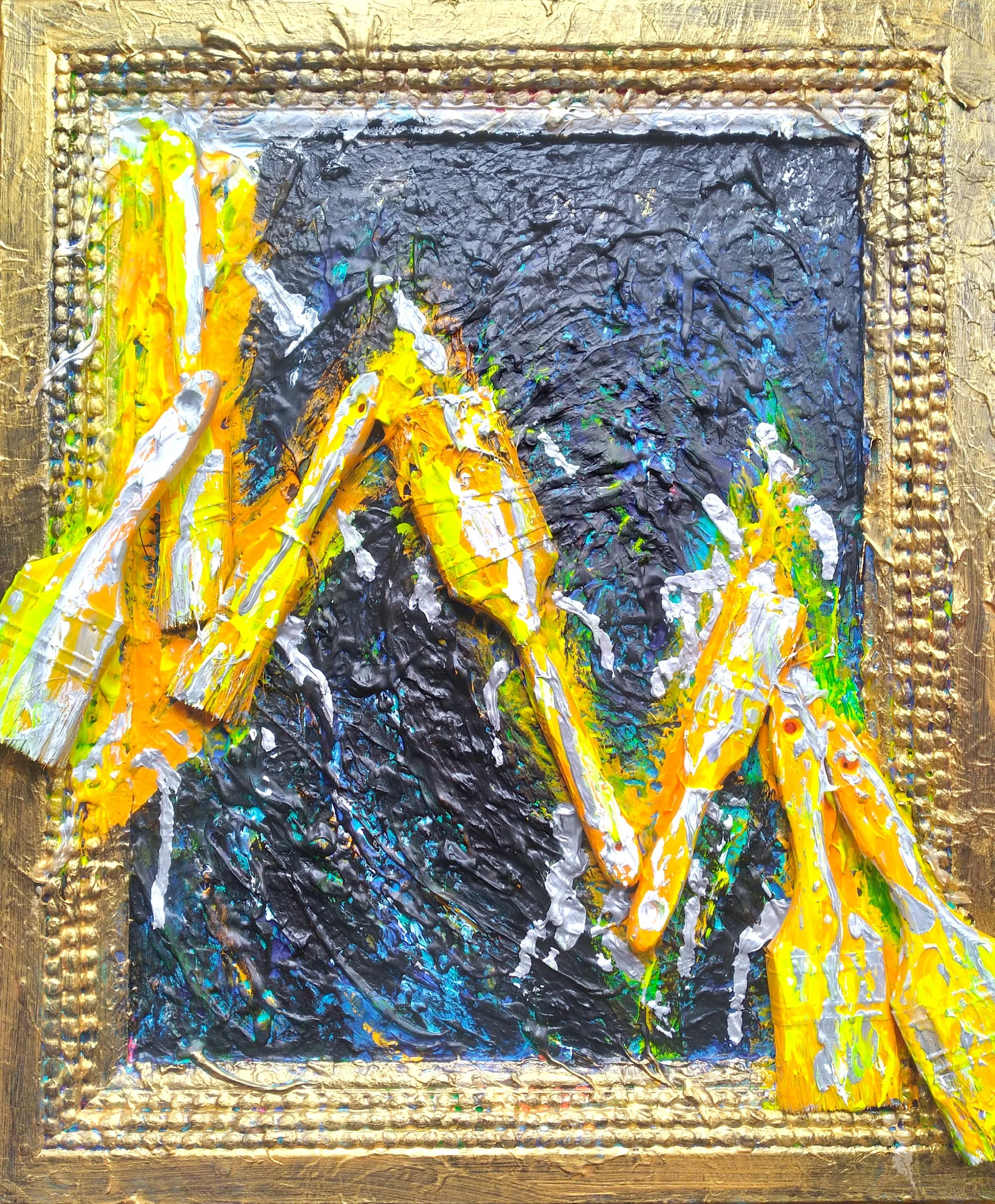 Lightning Bolt, 2014. Oil, acrylic, brushes on canvas and frame. 26” x 20”.
