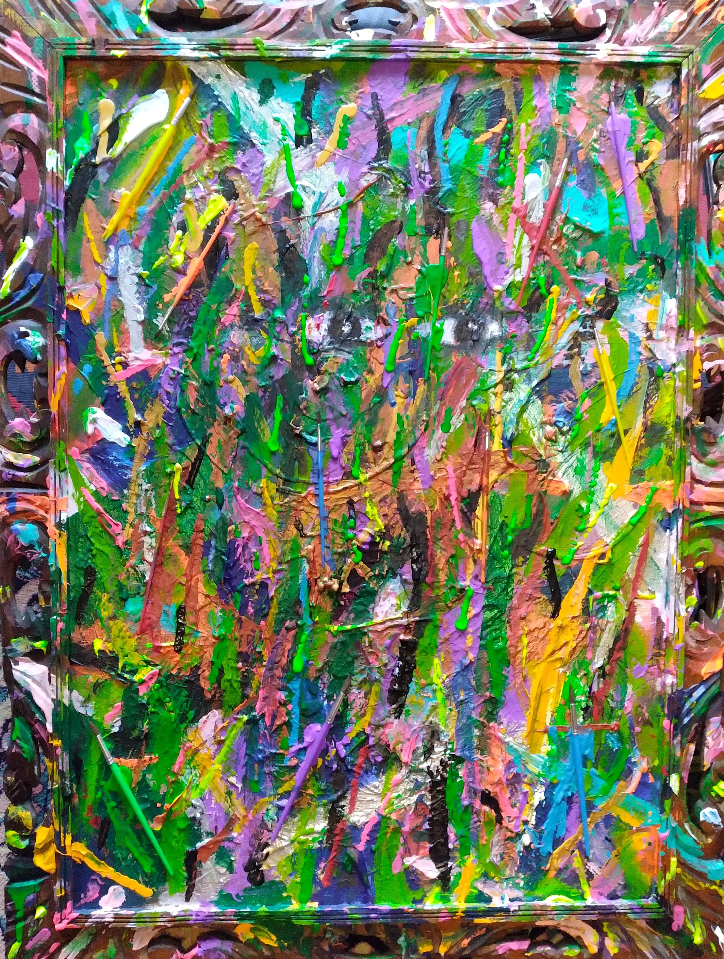 The Jungle, 2024. Oil, acrylic, brushes on canvas and frame. 34" x 24".