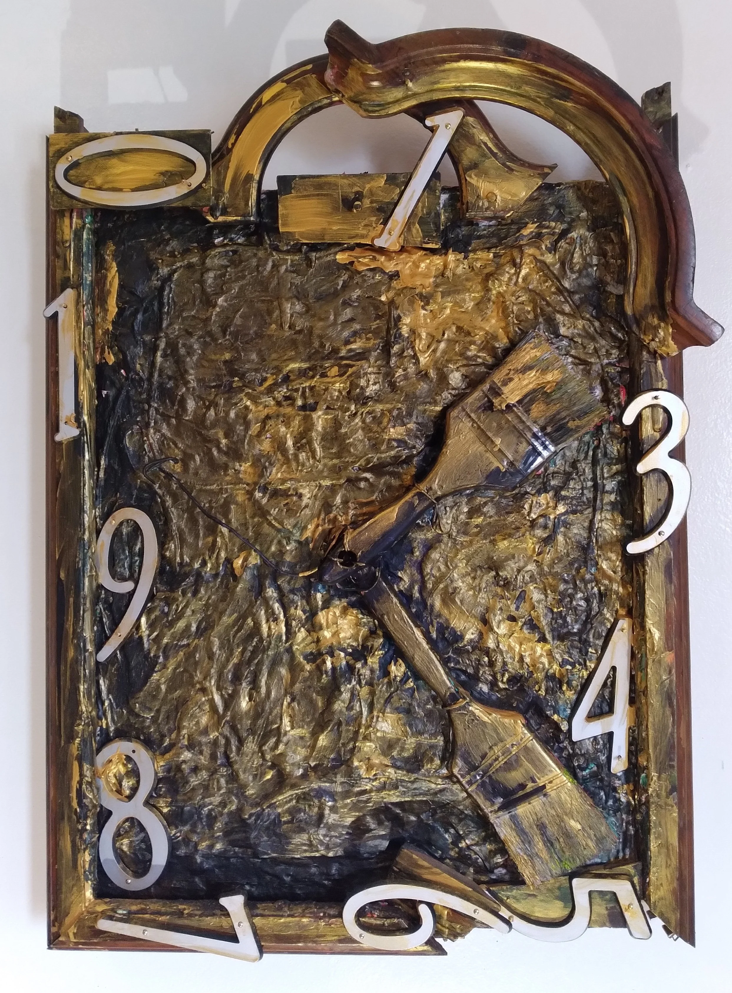 The Golden Hour, 2026. Oil, acrylic, brushes, metal numbers on canvas and frame. 20” x 16”.