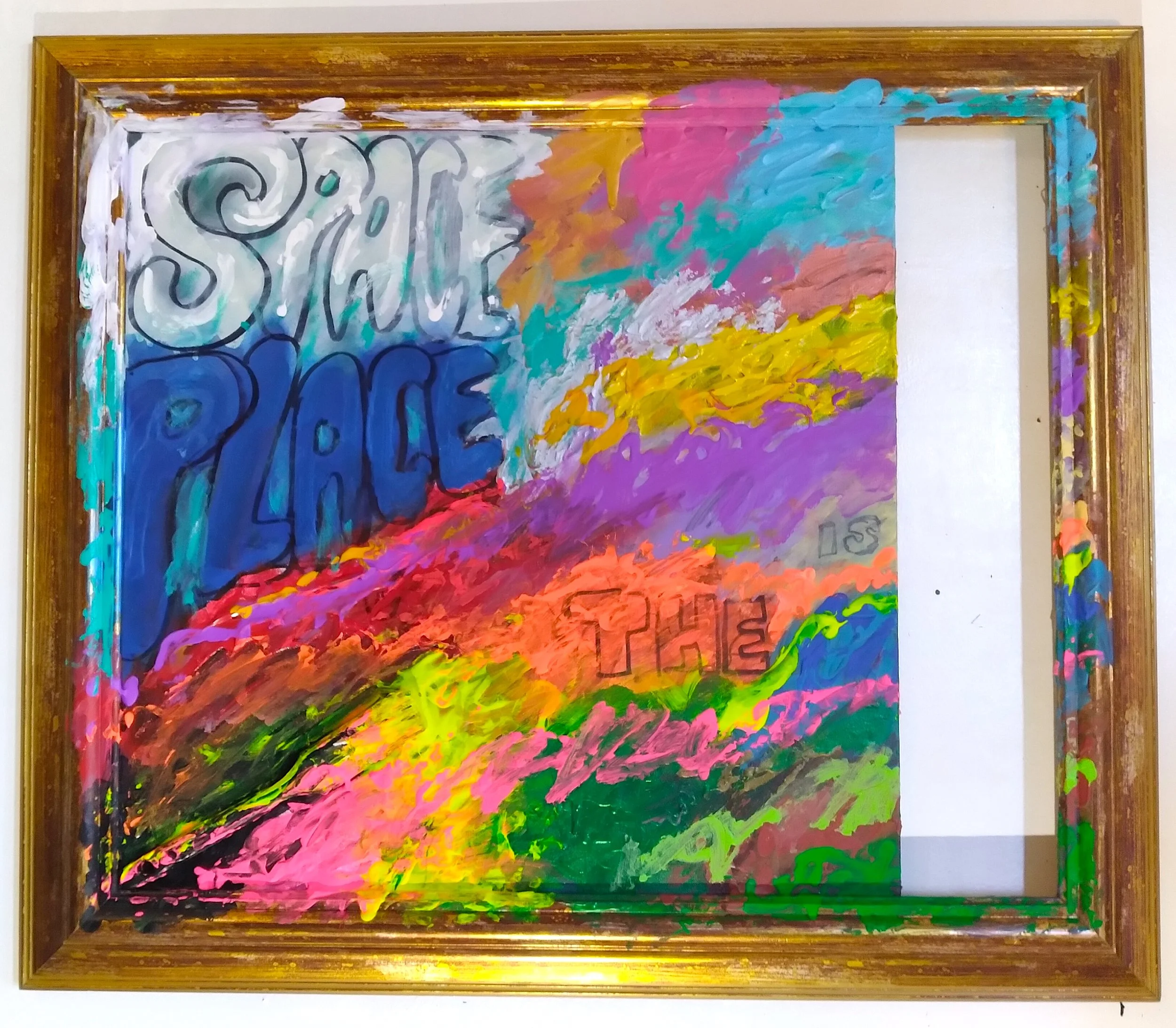 Space Place, 2024. Oil, acrylic, spray paint on canvas and frame. 24” x 24”.
