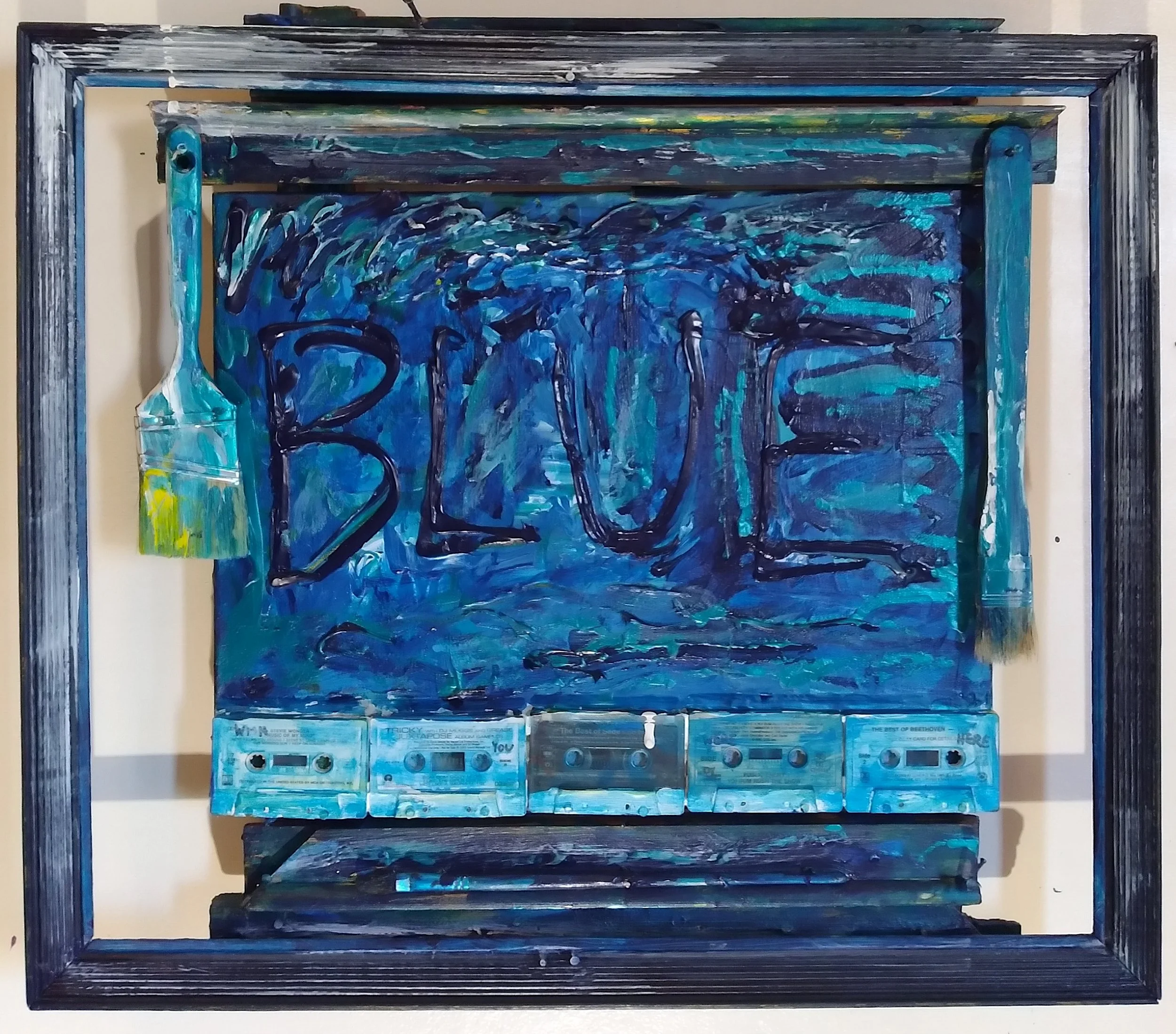 Blue For You, 2012. Oil, acrylic, cassettes, brushes, wood on canvas. 18” x 22”.