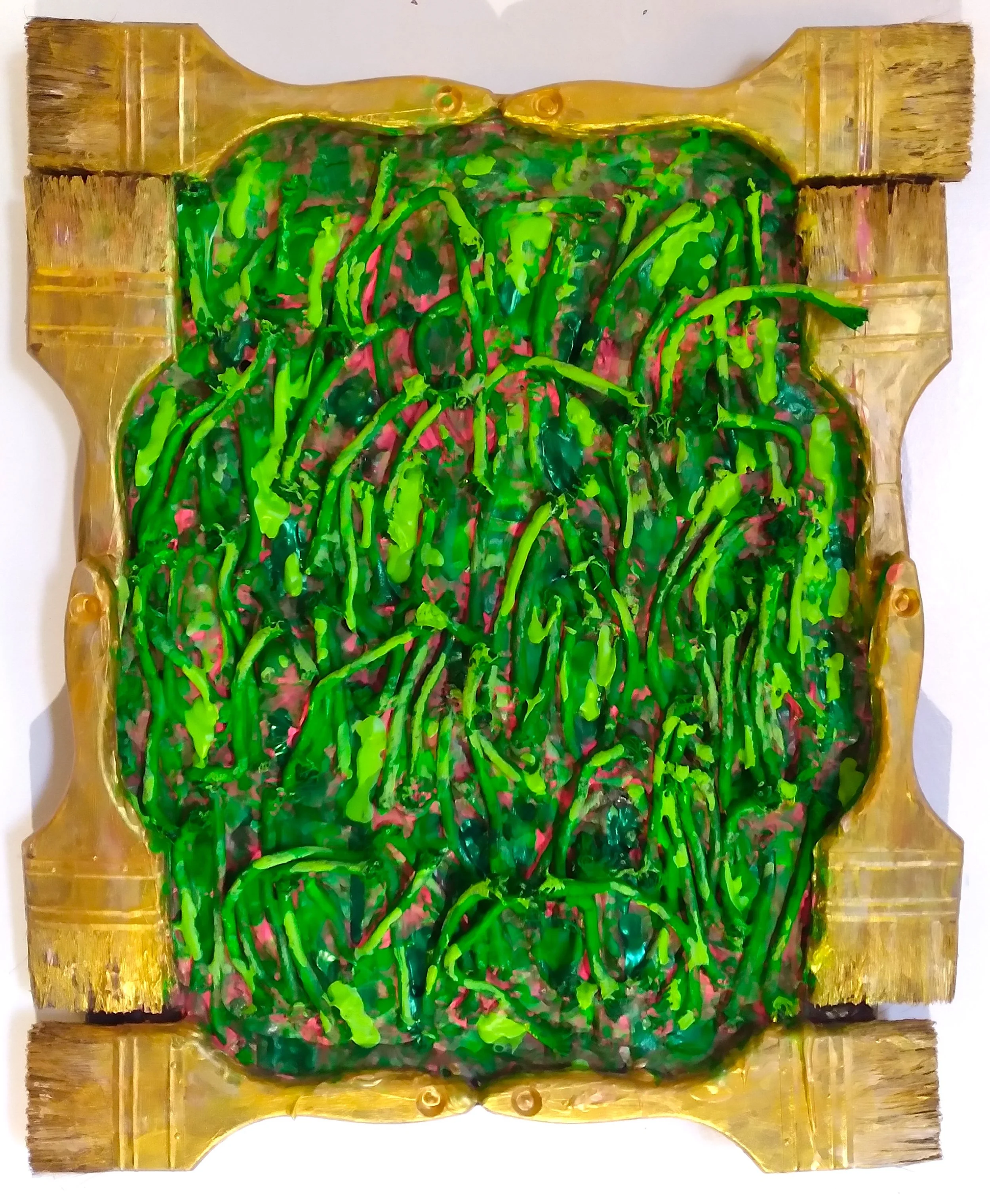 Grass, 2013. Oil, acrylic on canvas and brush frame. 20” x 16”.