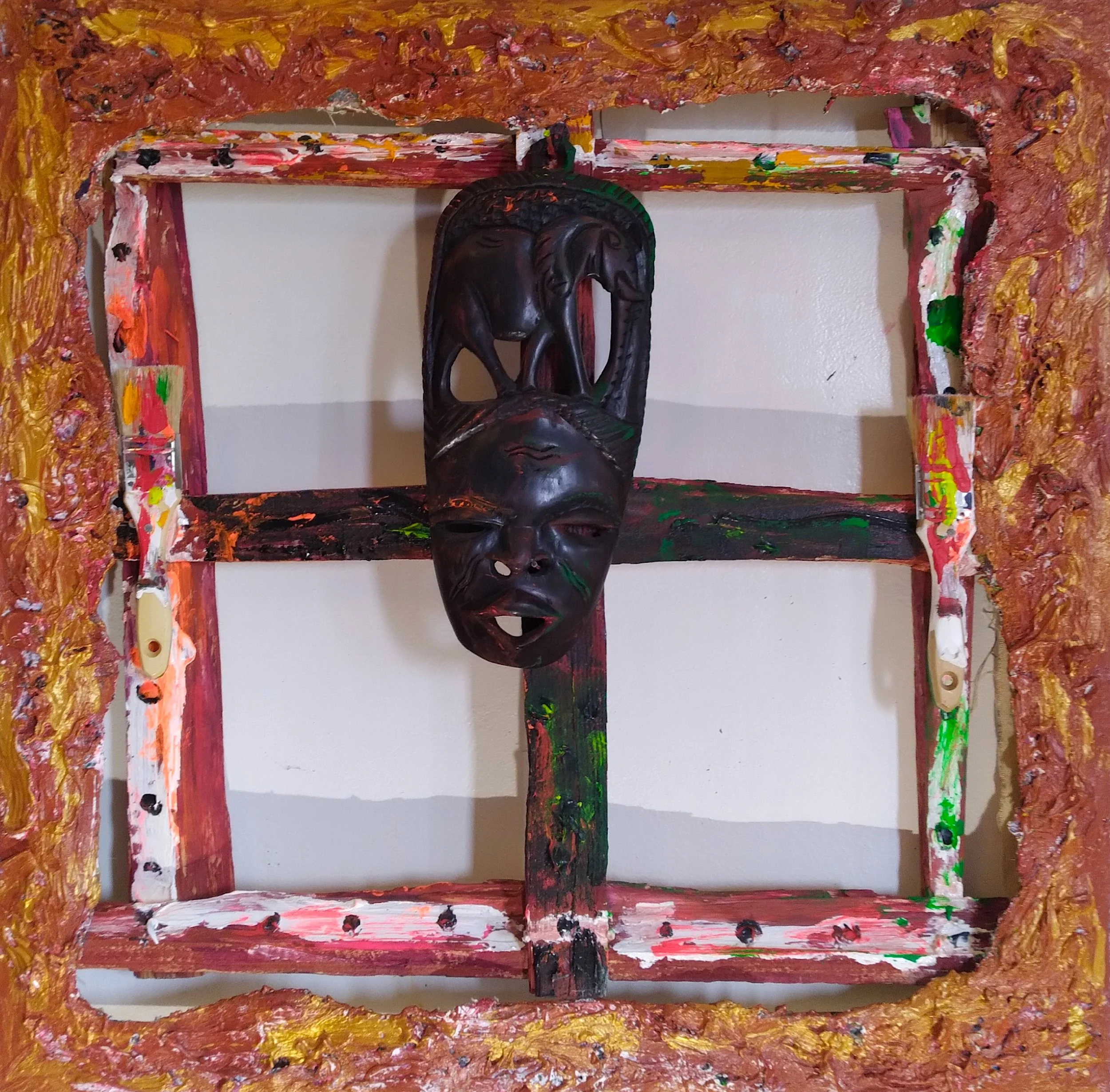The Crossroads, 2009. Oil, acrylic, wood, mixed media on canvas. 28” x 28”.