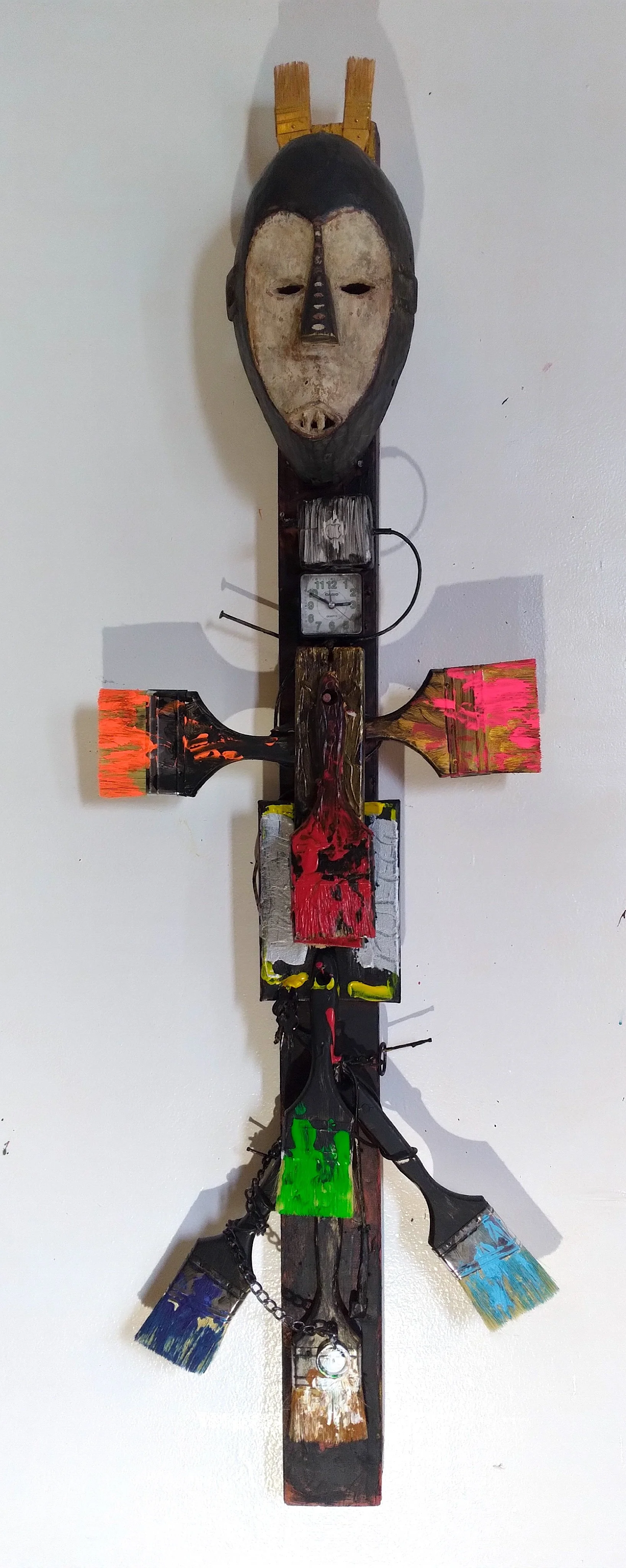 Cyborg, 2026. Oil, acrylic, brushes, mixed media on wood. 48” x 18”.
