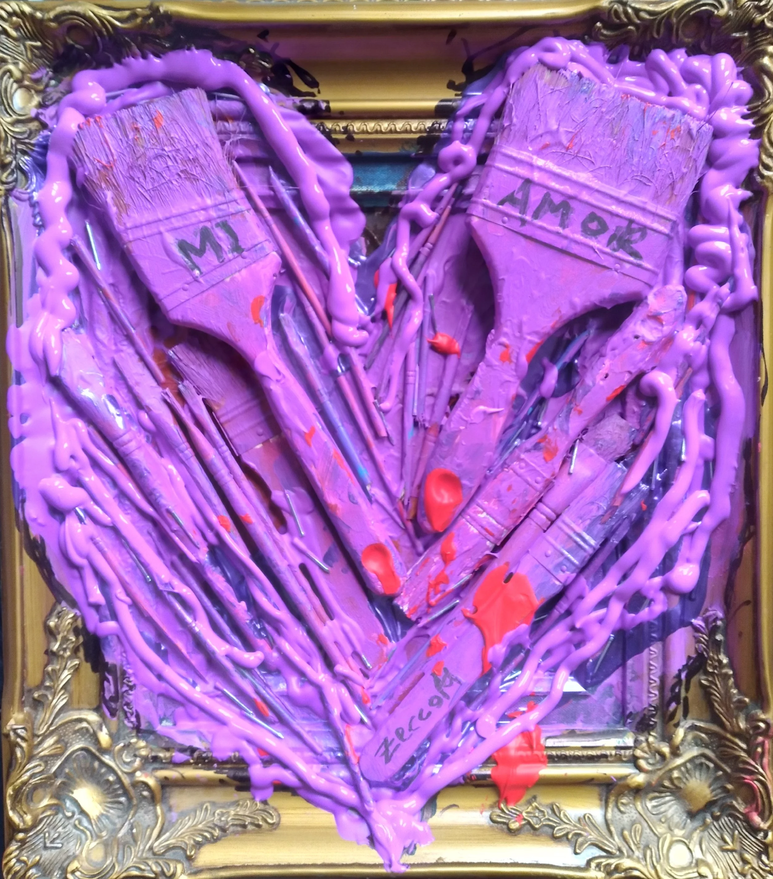 Purple Heart, 2019. Oil, acrylic, brushes, nails on canvas and frame. 18” x 16”.