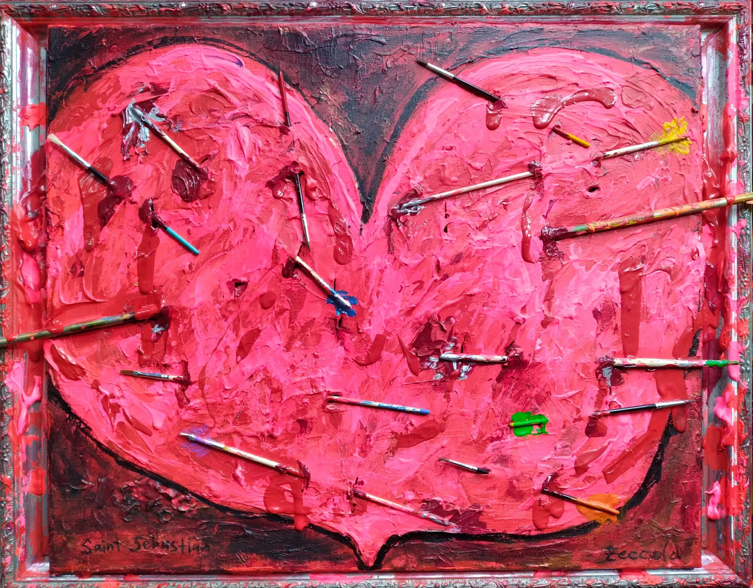 Saint Sebastian, 2009. Oil, acrylic, arrow, brushes on canvas and frame. 18” x 24”.