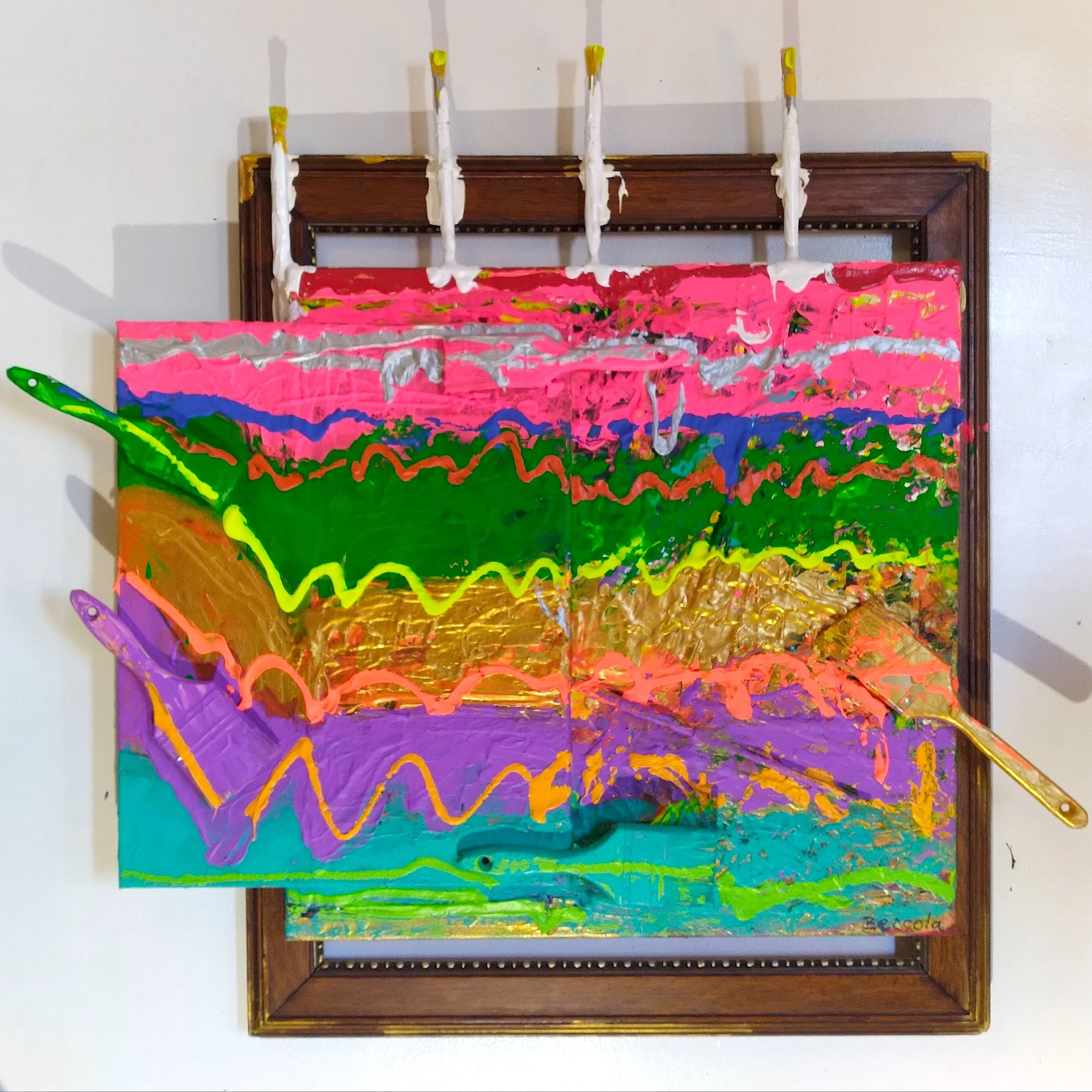 Cake, 2022. Oil, acrylic, brushes on canvas. 24” x 30”.
