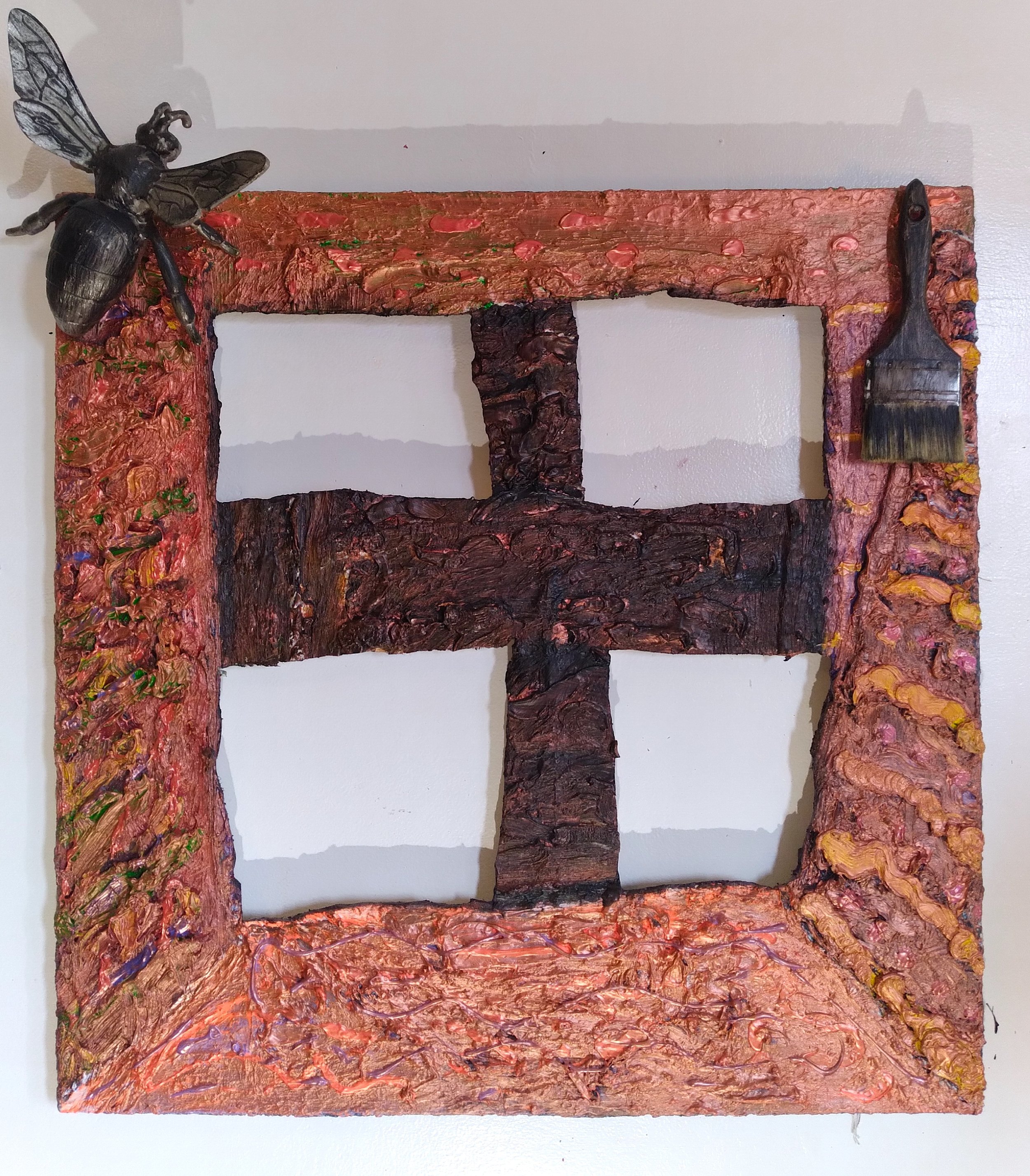 The Fly, 2009. Oil, acrylic, brush, metal on canvas. 32" x 22".