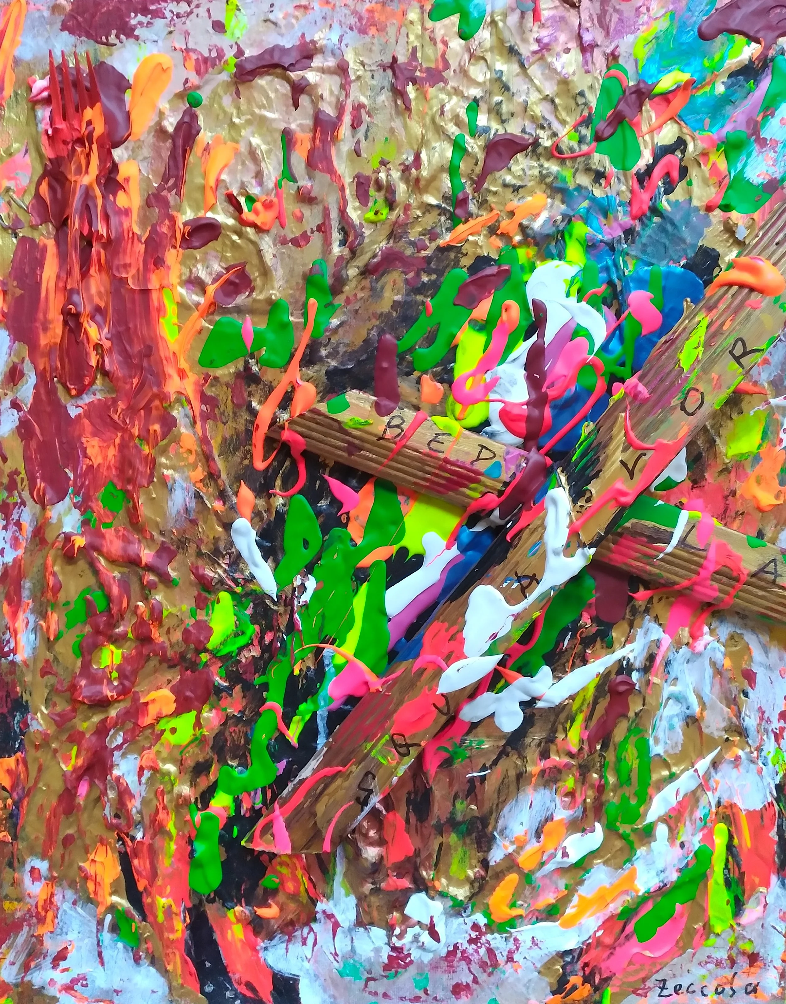 Bedlam and Squalor, 2009. Oil, acrylic, frames on canvas. 20” x 16”.