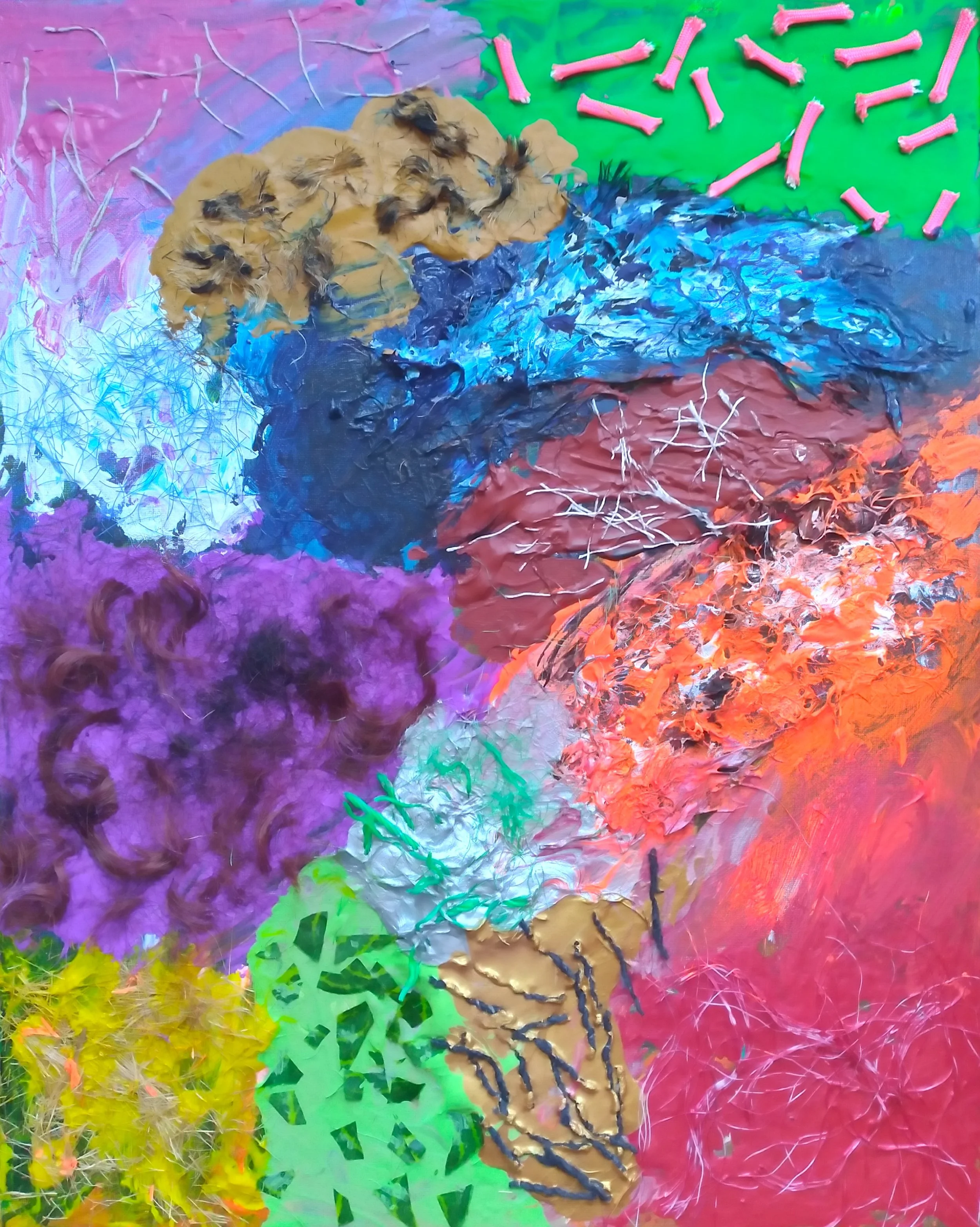 Lake Silvaplana, 2008. Oil, acrylic, string, rope, hair on canvas. 28” x 22”.
