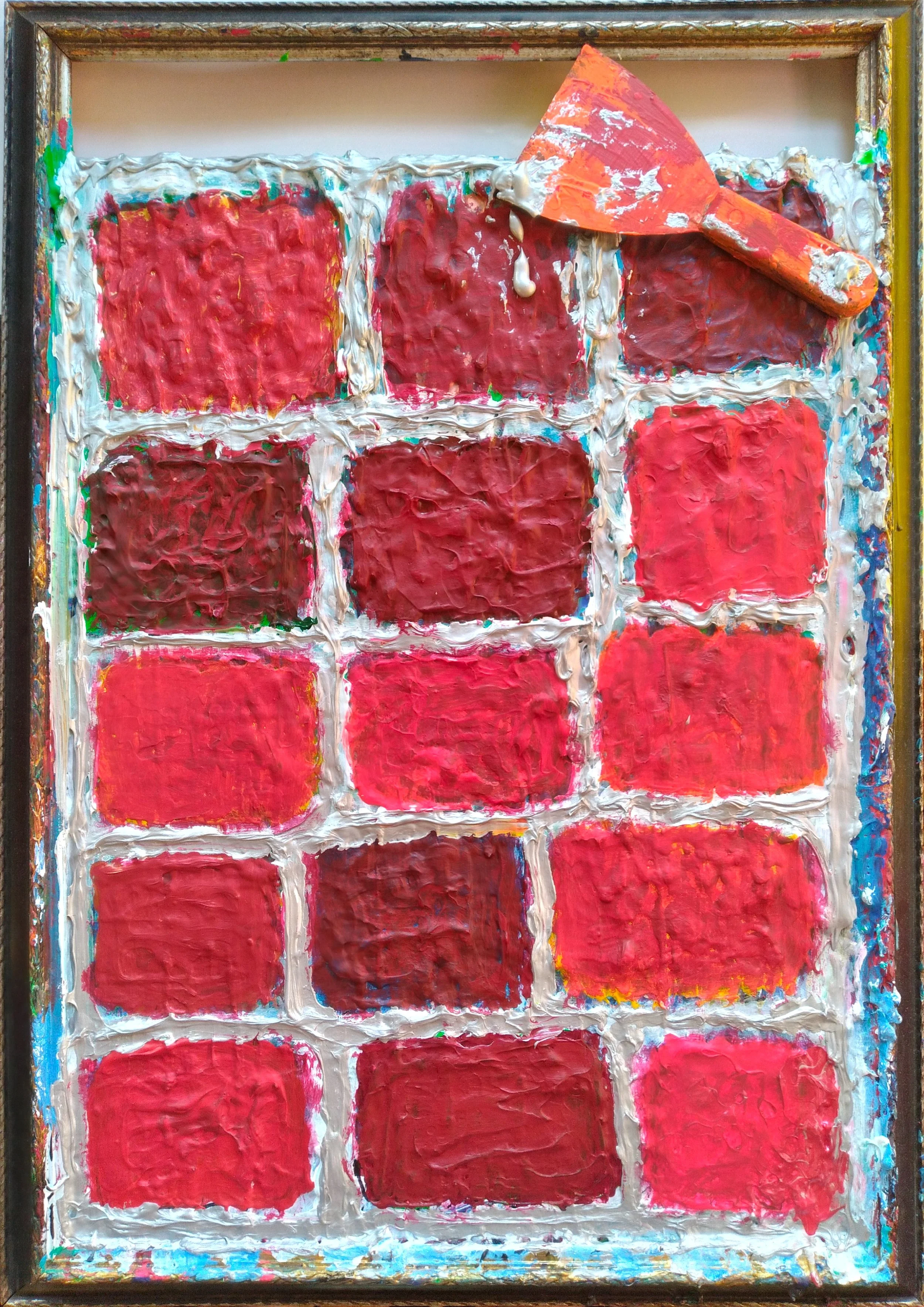 Brick Wall, 2025. Oil, acrylic, brush, tool on canvas. 30” x 22”.