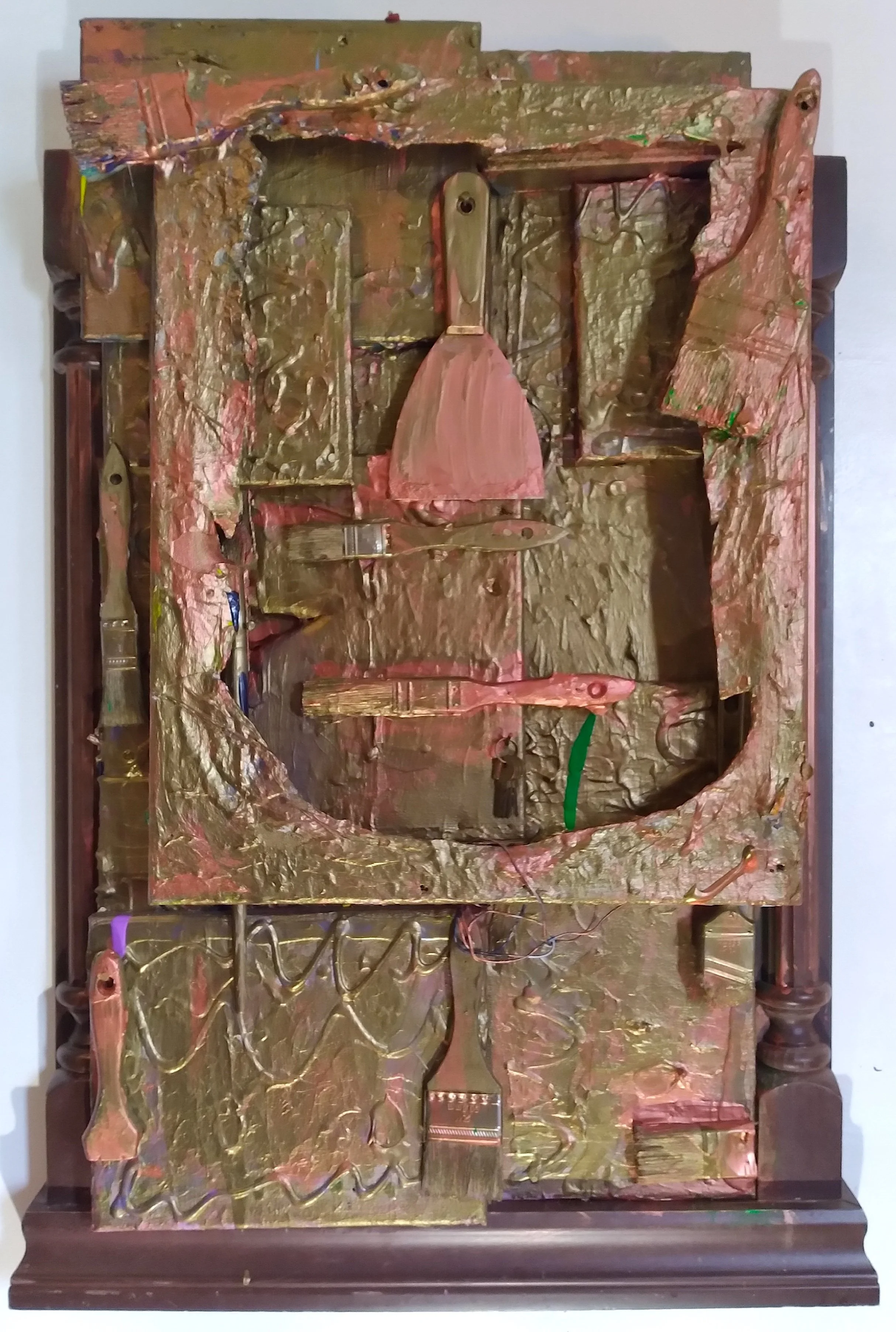 The Bronze Age, 2025. Oil, acrylic, brushes, keys on canvas and wood frame. 32” x 20”.