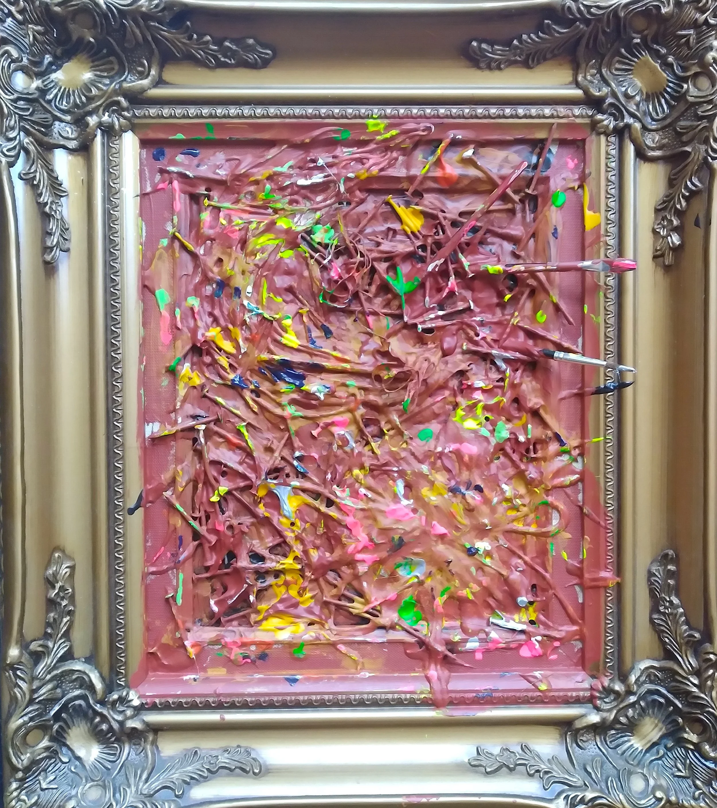Beaver Dam, 2019. Oil, acrylic, brushes, wire on wood. 20” x 16”.