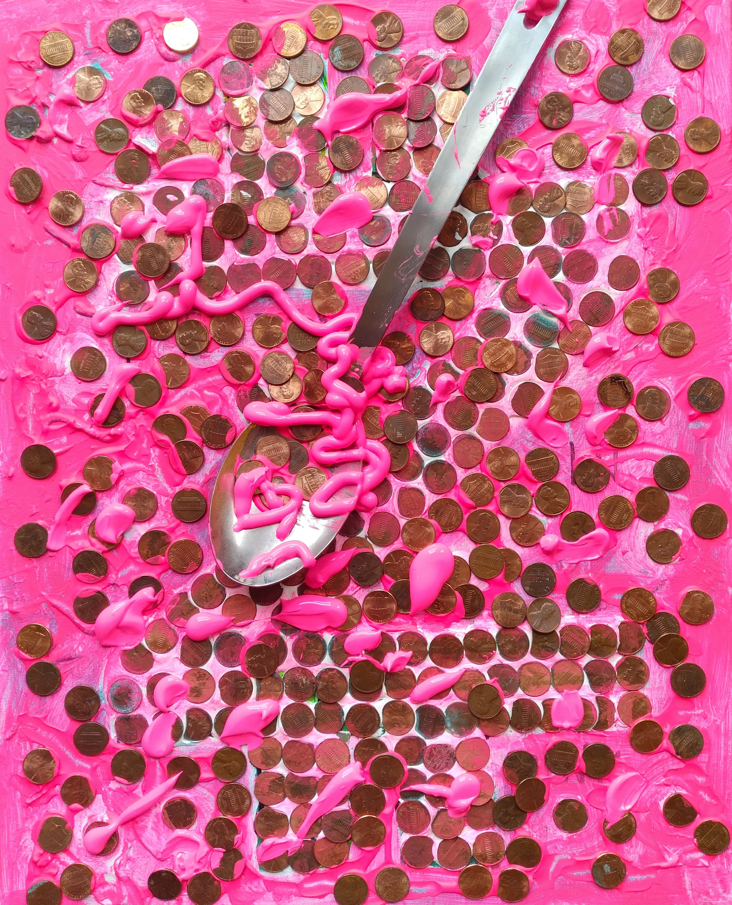 Pretty in Pink, 2023. Oil, acrylic, spoon, pennies on canvas. 20” x 16”.