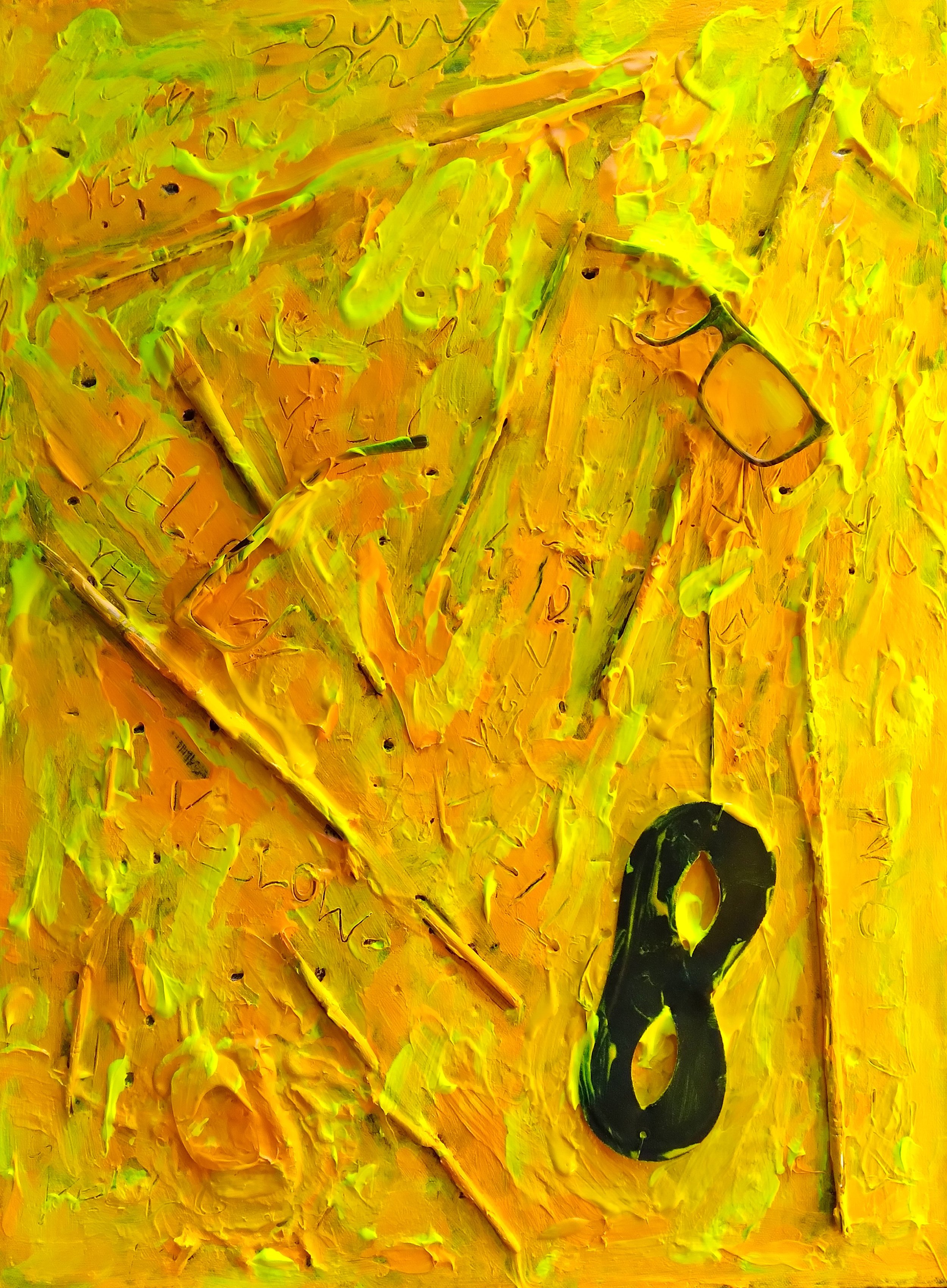Yellow Painting, 2026. Oil, acrylic, brushes, glasses, mask on canvas. 24” x 18”.